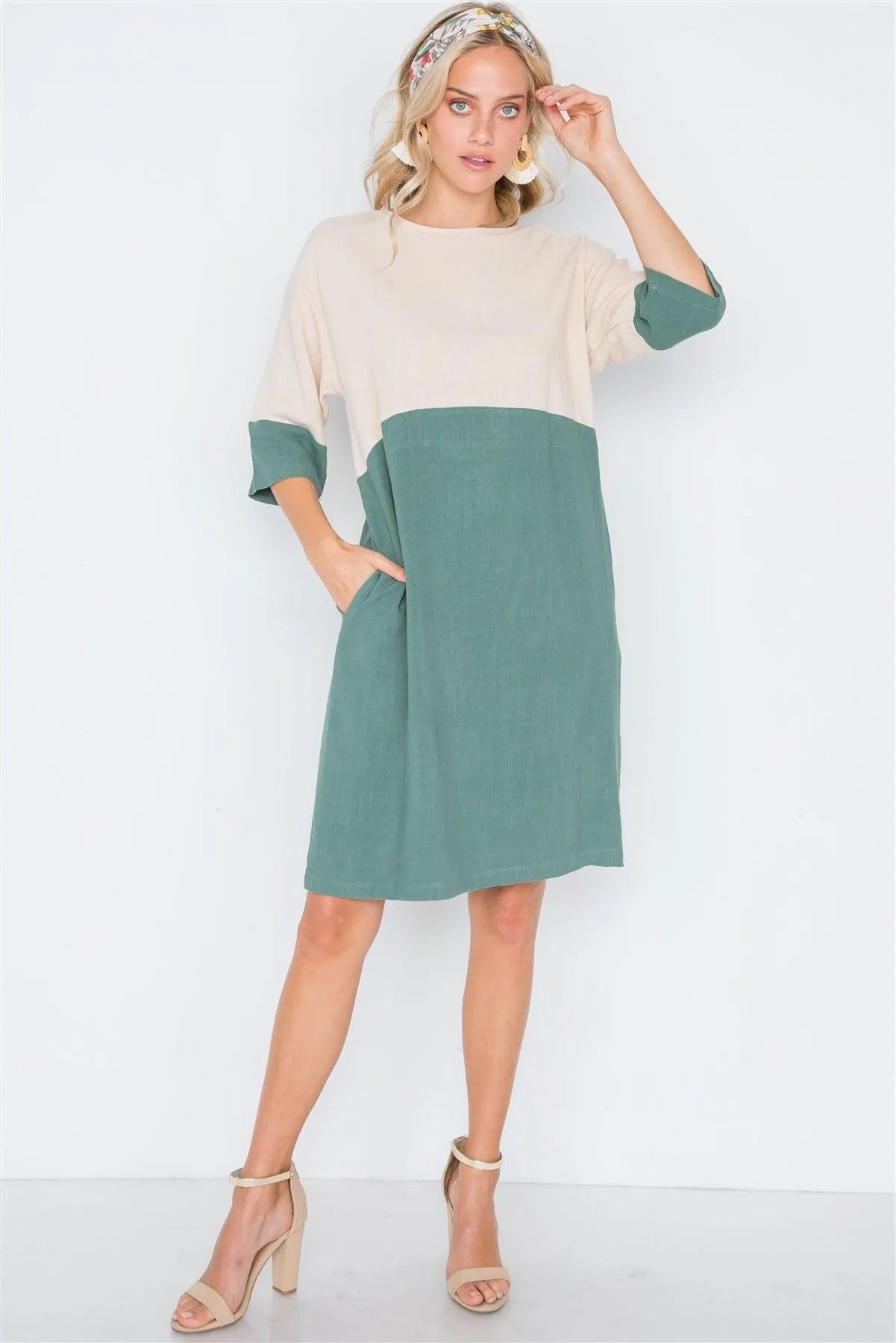 Heather Green 3/4 Sleeve Contrast Shift Boho Dress /2-2-2 - Tasha Apparel Wholesale