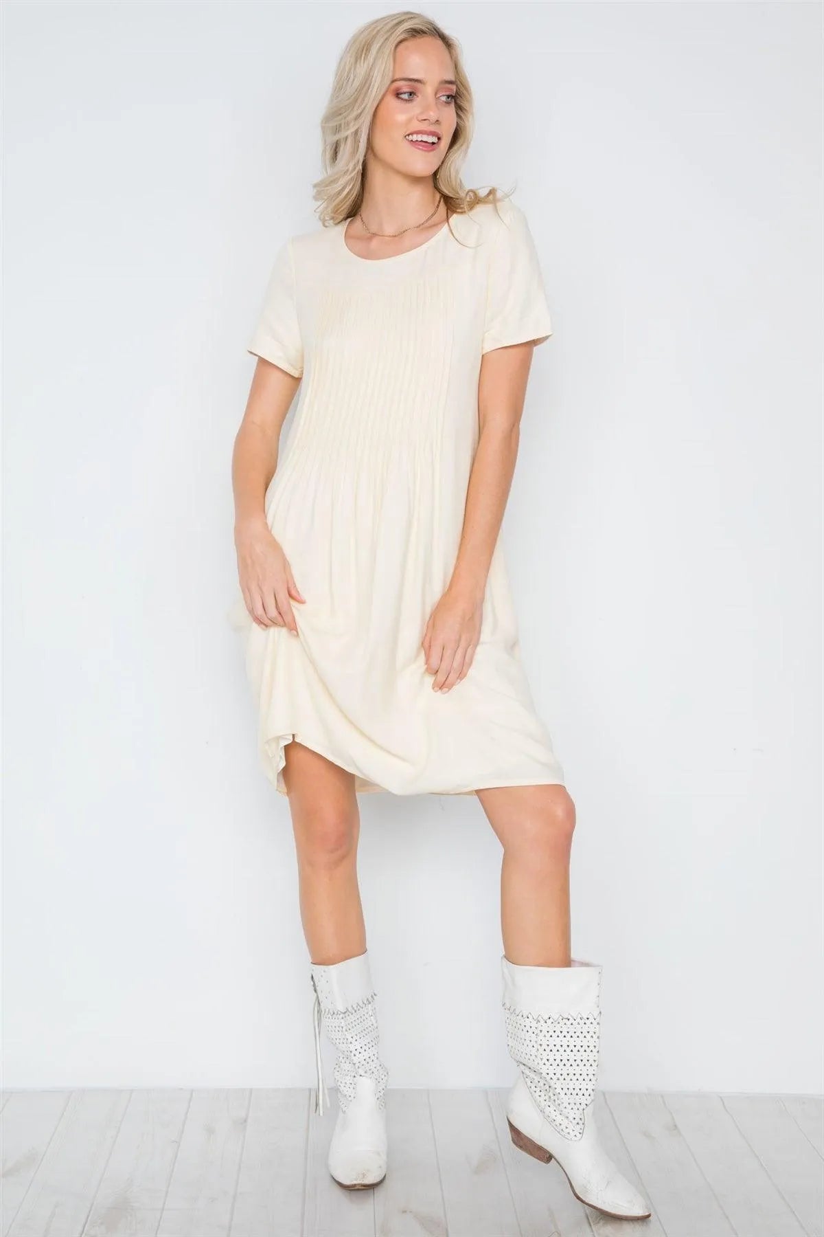 Ivory Short Sleeve Pleated Boho Dress /2-2-2 - Tasha Apparel Wholesale