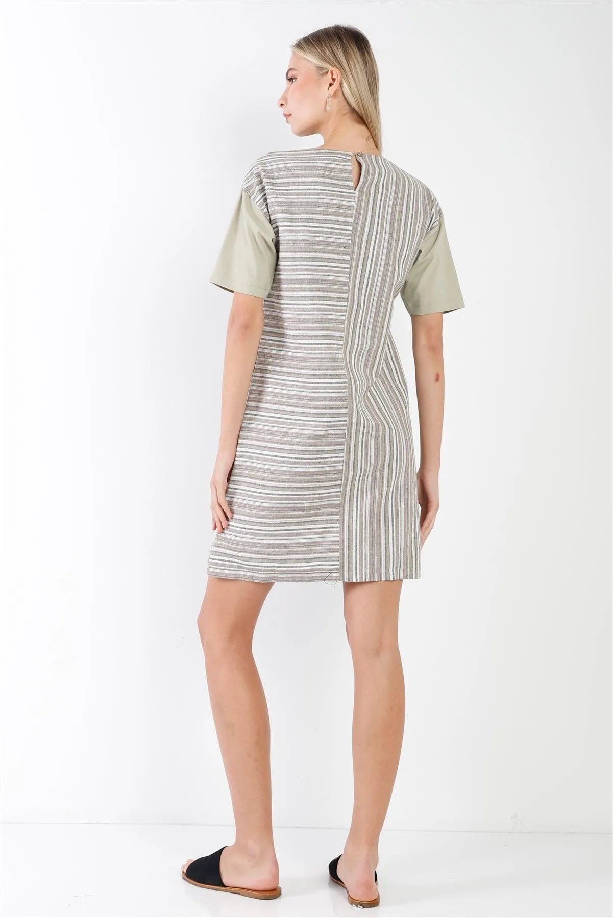 Taupe Combo Stripe Short Sleeve Shift Boho Dress /2-2-2 - Tasha Apparel Wholesale