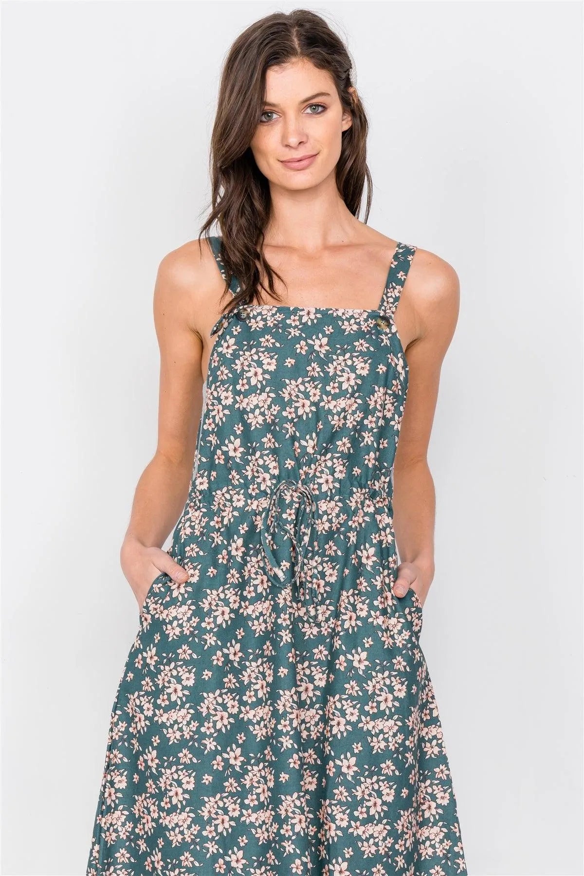 Hunter Green Cotton Button Tank Top Adjustable A-Line Midi Dress /2-2-2 - Tasha Apparel Wholesale