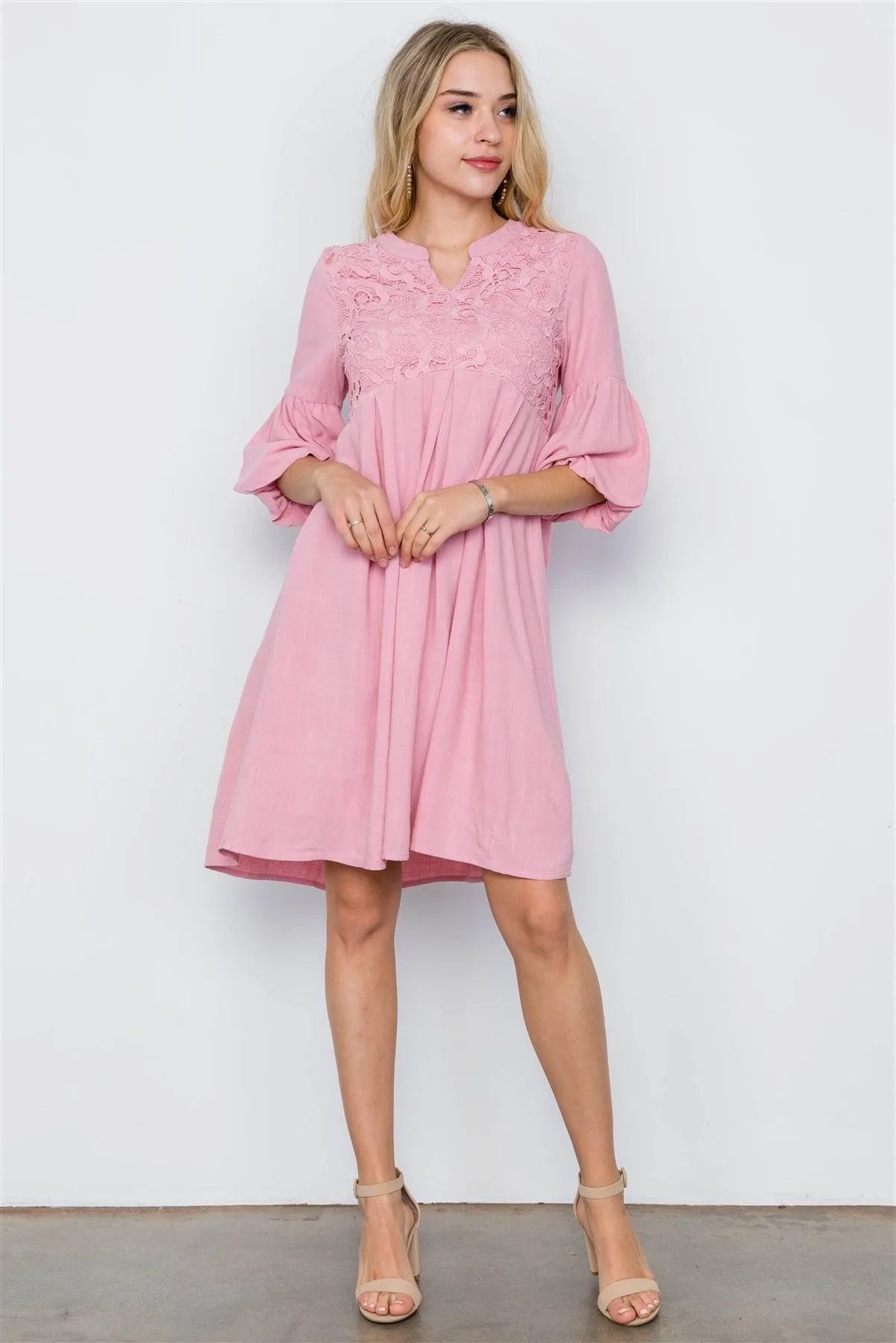 Pink Crochet Combo Boho Dress / 2-2-2 - Tasha Apparel Wholesale