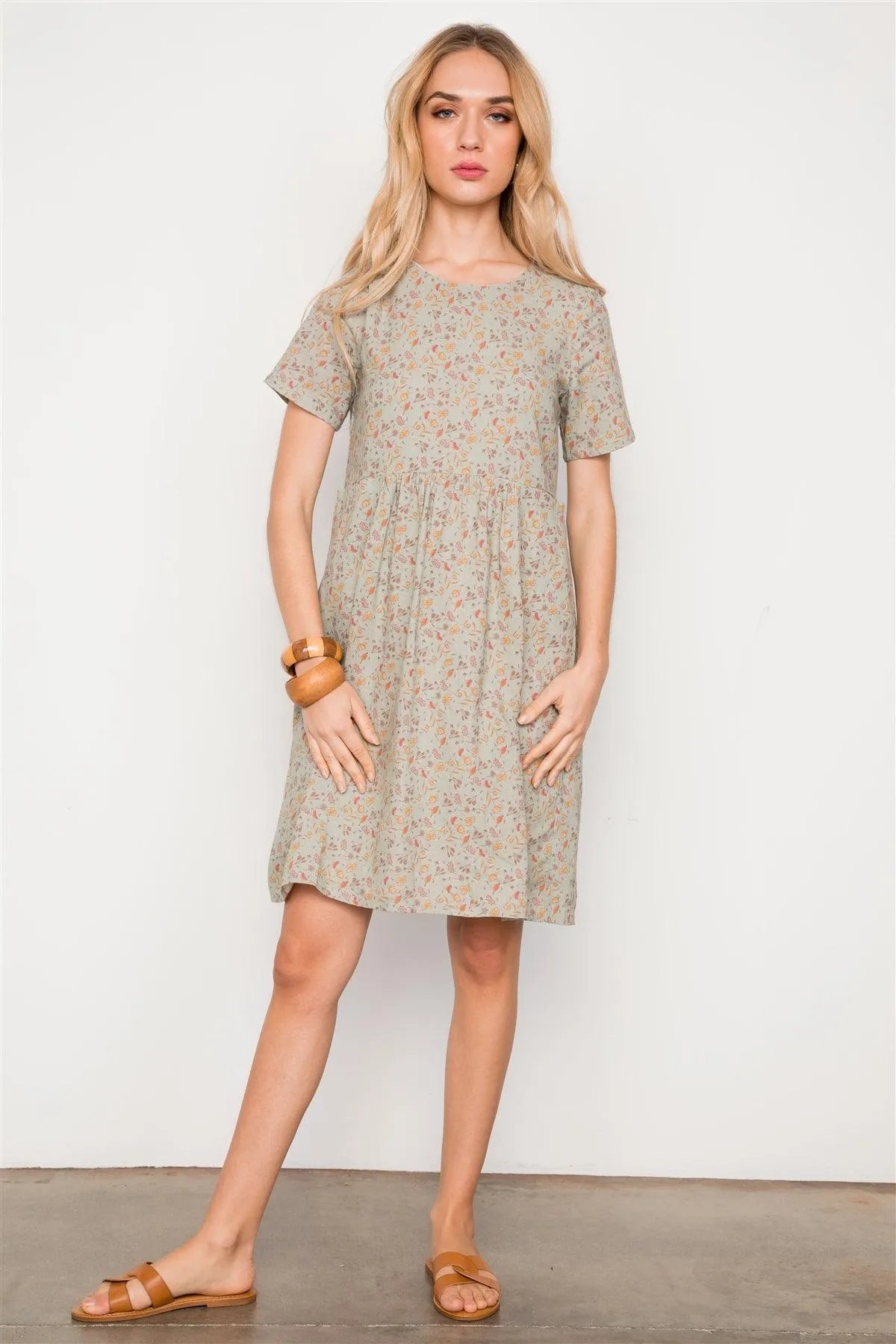 Sage Floral Print Short Sleeve Boho Mini Midi Dress / 2-2-2 - Tasha Apparel Wholesale