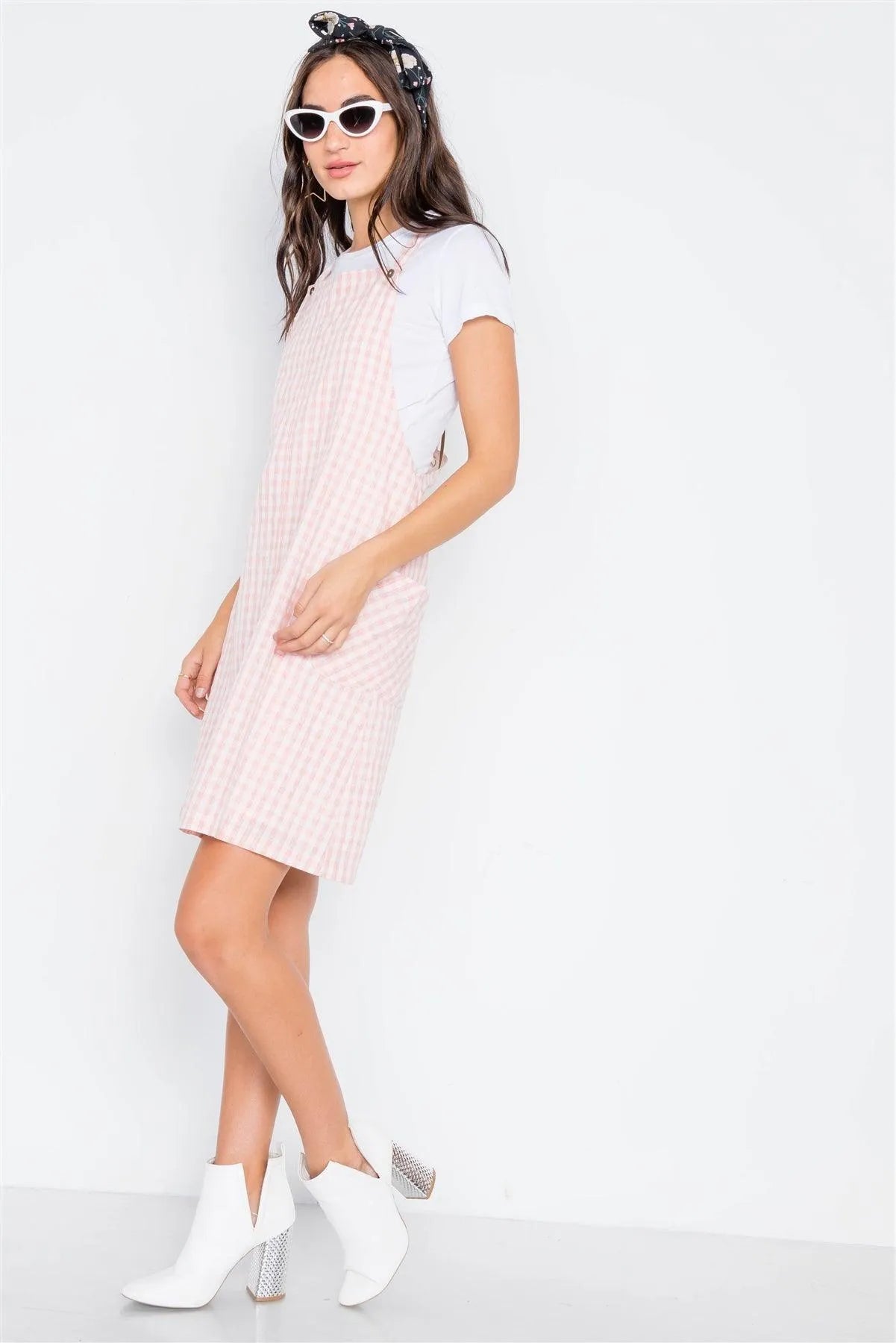 Mauve Checkered Overall Shift Dress - Tasha Apparel Wholesale