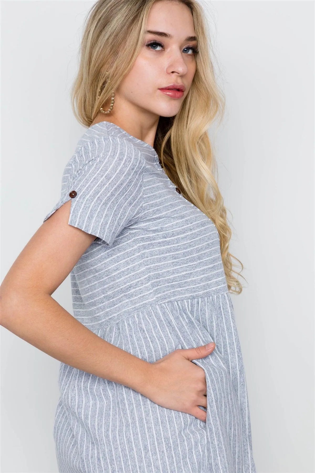 Denim Blue Short Sleeve Round Neck Boho Dress / 2-2-2 - Tasha Apparel Wholesale