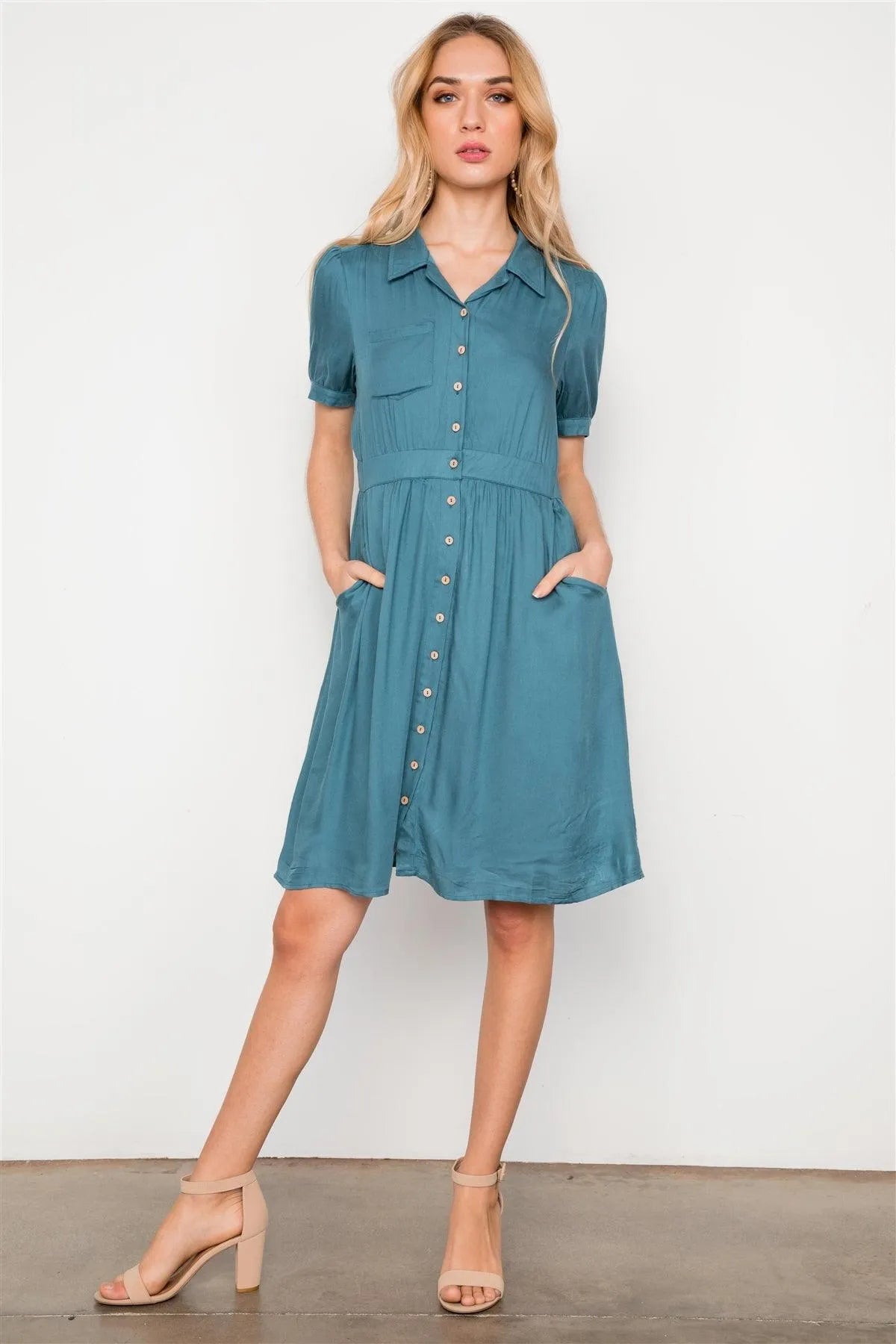 Blue Short Sleeve Button Down Boho Midi Dress /2-2-2 - Tasha Apparel Wholesale