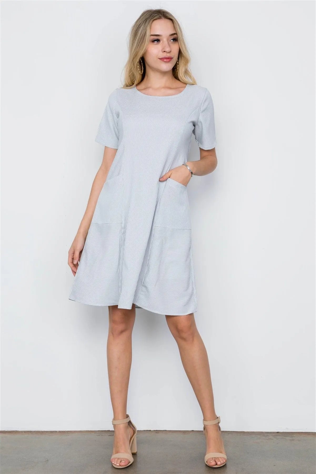 Grey Stripe Short Sleeve Loose Fit Boho Dress / 3-2-1 - Tasha Apparel Wholesale
