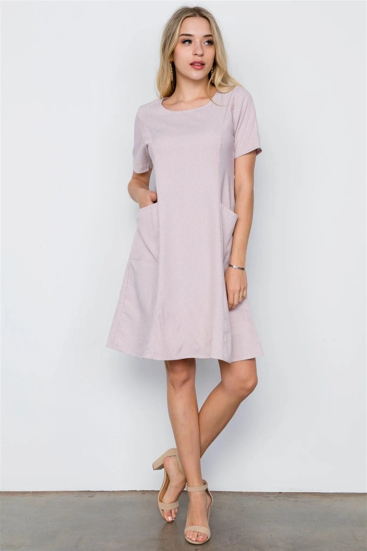 Red Stripe Short Sleeve Loose Fit Boho Dress / 3-2-1 - Tasha Apparel Wholesale