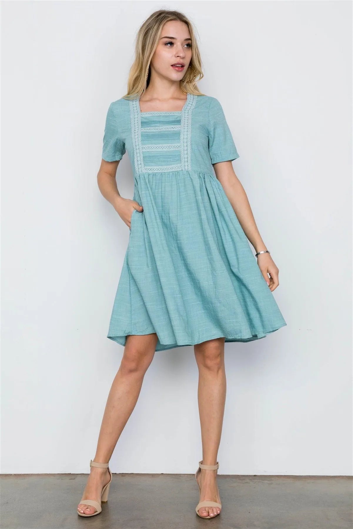 Blue Turquoise Boho Short Sleeve Dress / 2-2-2 - Tasha Apparel Wholesale