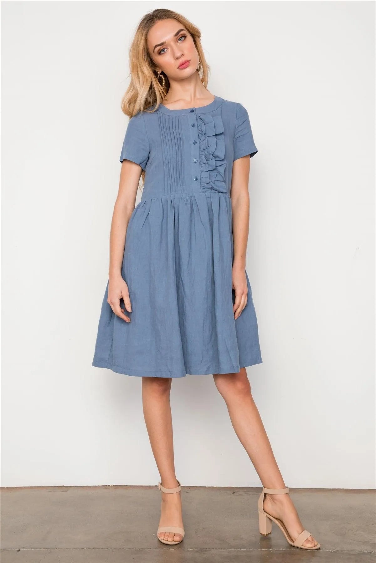 Blue Ruffle Detail Short Sleeve Midi Dress / 3-2-1 - Tasha Apparel Wholesale