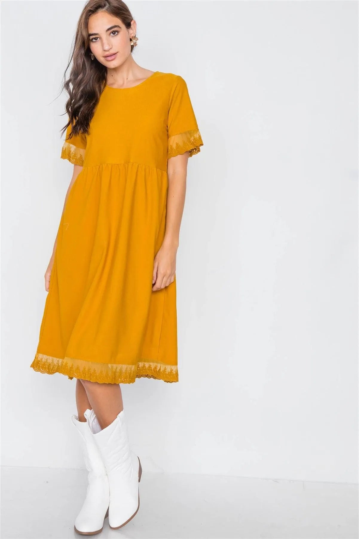 Mustard Relaxed Fit Sheer Lace Trim Midi Dress /3-2-1 - Tasha Apparel Wholesale