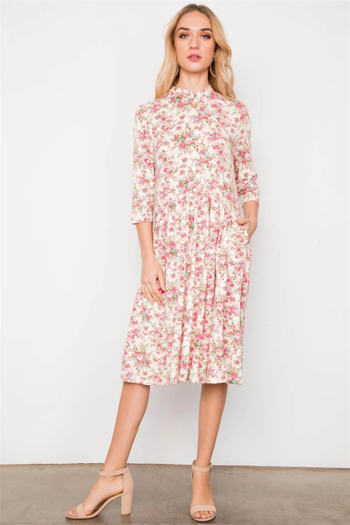 Cream Floral Print 3/4 Sleeve Boho Midi Dress /2-2-2 - Tasha Apparel Wholesale