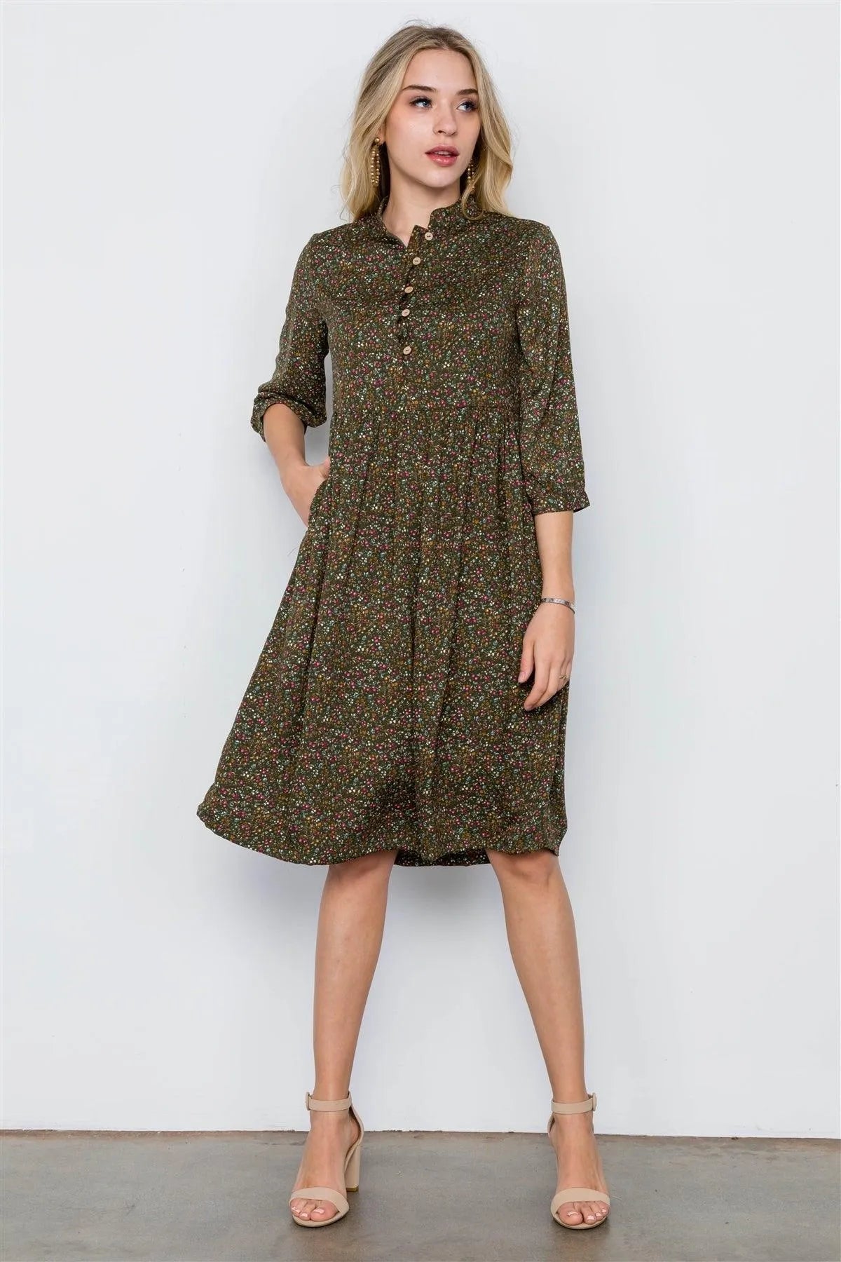 Green Olive Floral Print 3/4 Sleeve Boho Dress / 2-2-2 - Tasha Apparel Wholesale