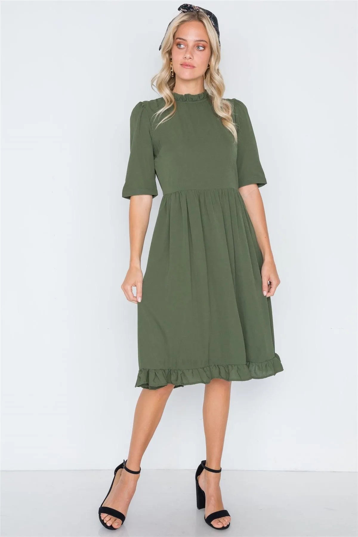 Olive Ruffle-Mock Neck Shirred Solid Dress /2-2-2 - Tasha Apparel Wholesale
