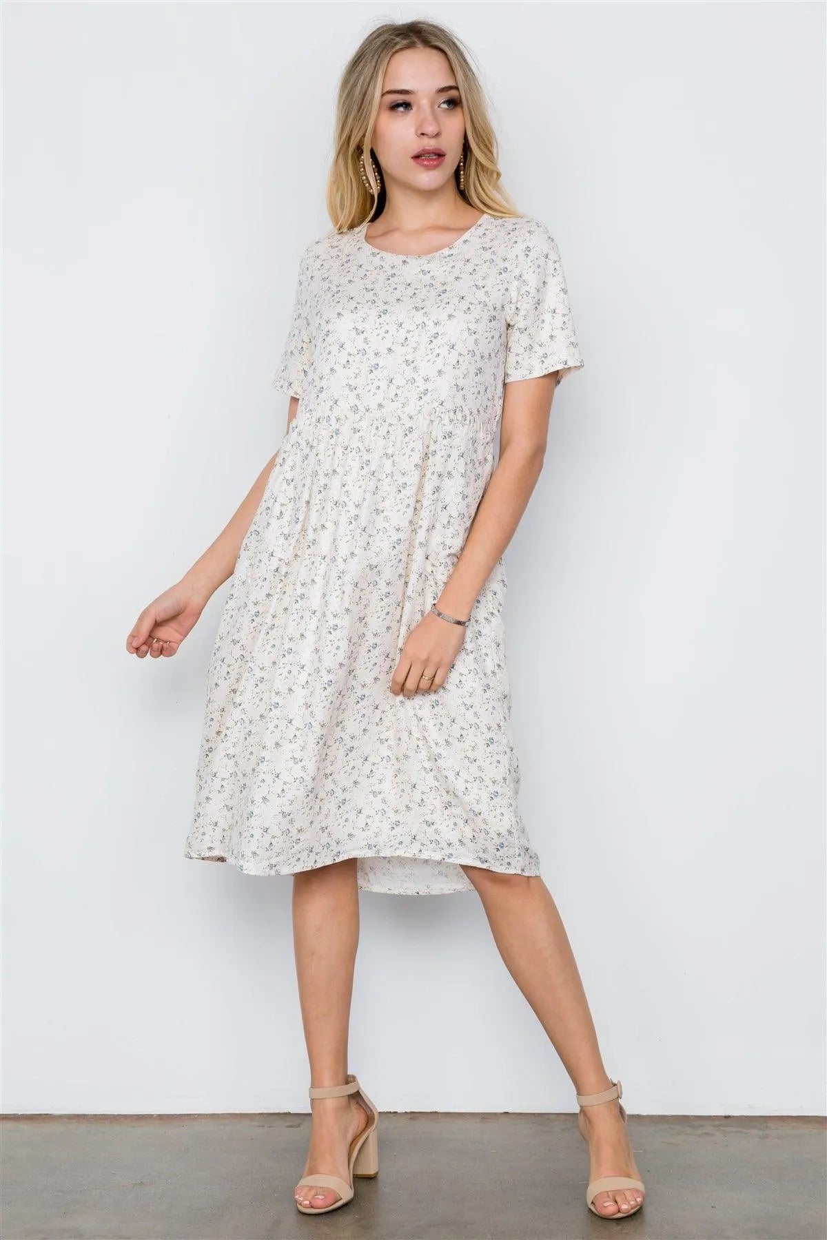 Ivory Short Sleeve Floral Print Boho Dress / 2-2-2 - Tasha Apparel Wholesale