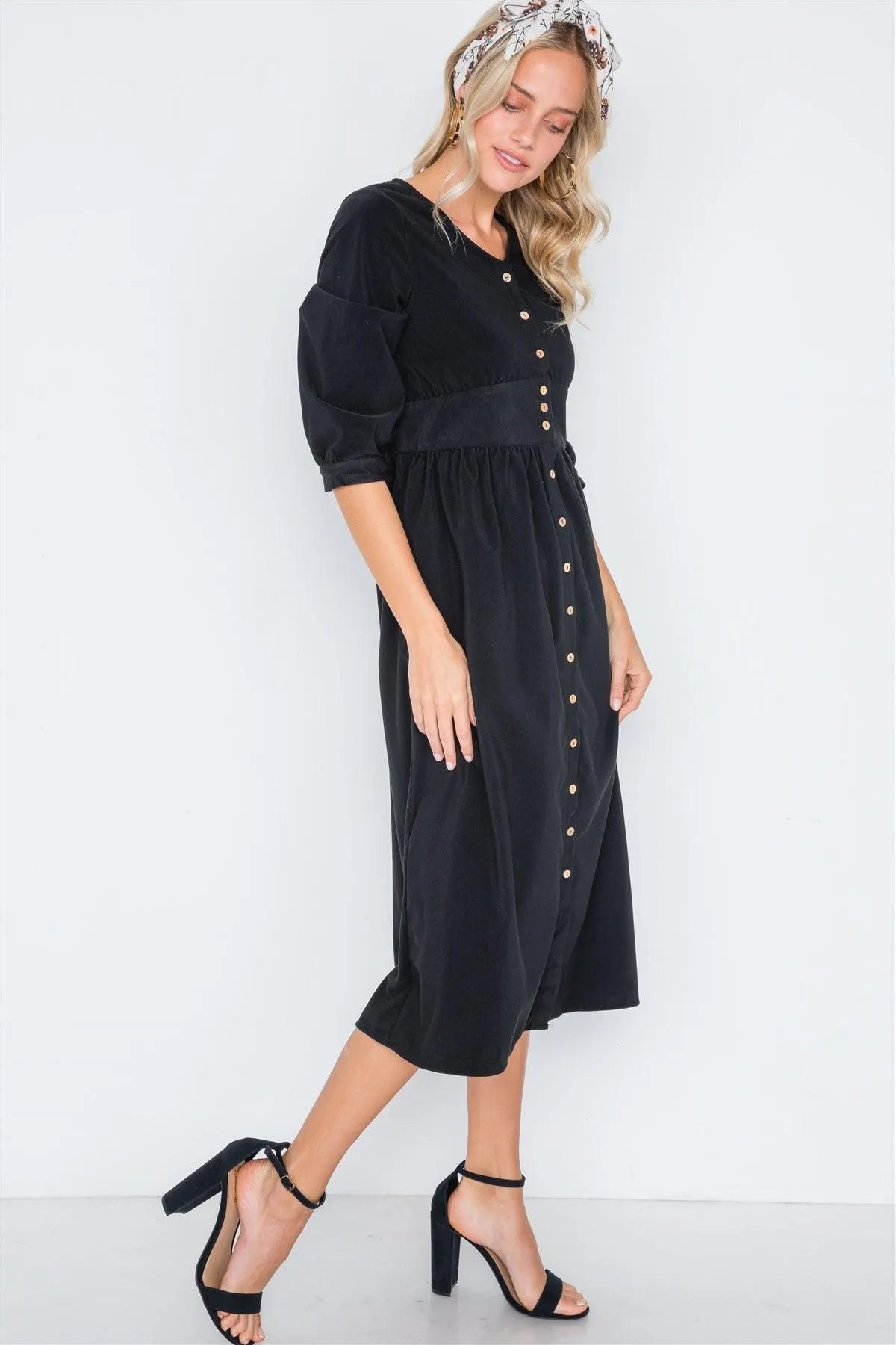 Black Corduroy 3/4 Sleeve Button Down Midi Dress /3-2-2 - Tasha Apparel Wholesale