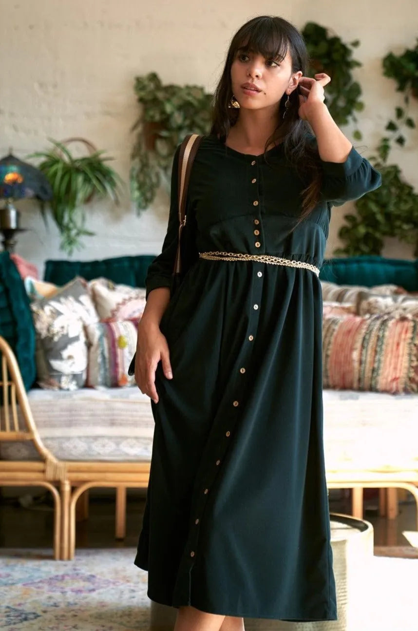 Fir Green Corduroy 3/4 Sleeve Button Down Midi Dress /2-2-2 Fir Green Corduroy 3/4 Sleeve Button Down Midi Dress /2-2-2