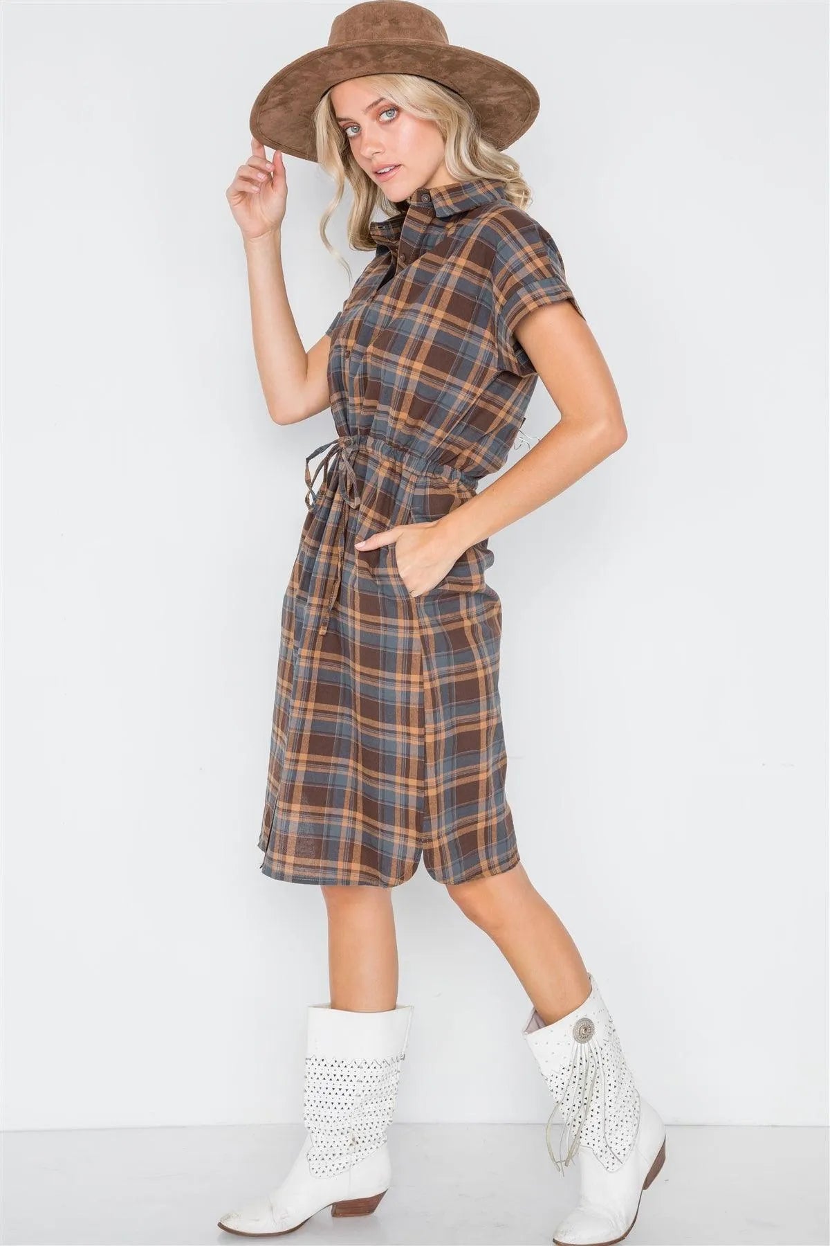 Multi Blue Plaid Short Sleeve Button Down Dress /2-2-2 - Tasha Apparel Wholesale