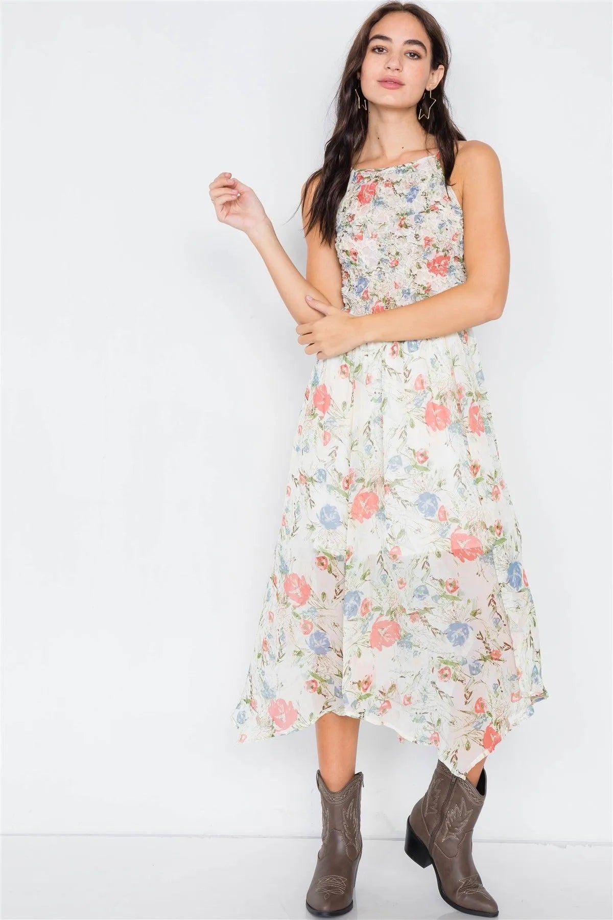 Ivory Sheer Floral Print Boho Chic Midi Dress /1-3-3
