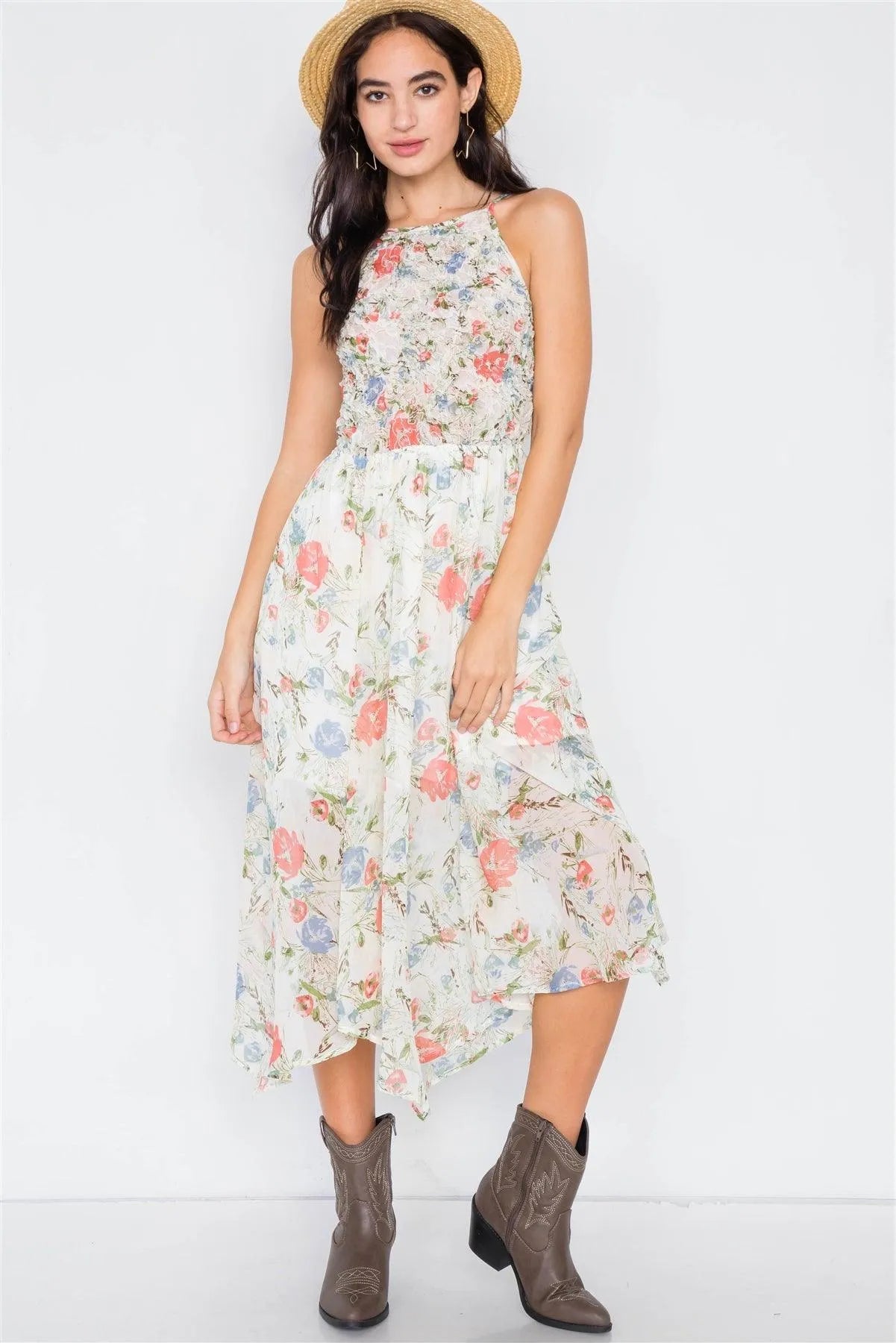 Ivory Sheer Floral Print Boho Chic Midi Dress /1-3-3 - Tasha Apparel Wholesale