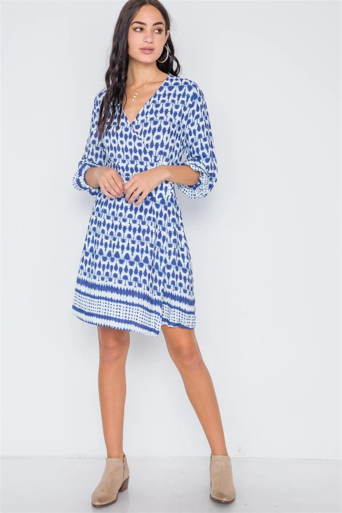 Navy Multi Print Surplice Neck 3/4 Sleeve Dress /2-2-2 - Tasha Apparel Wholesale