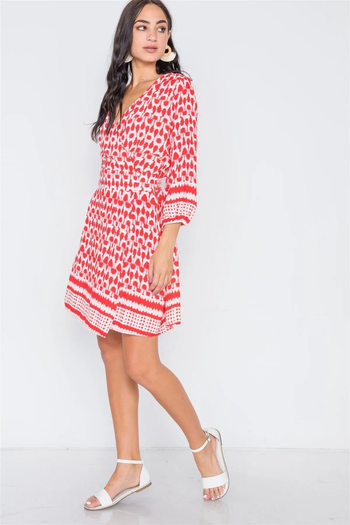 Red Multi Print Surplice Neck 3/4 Sleeve Dress /2-2-2 - Tasha Apparel Wholesale