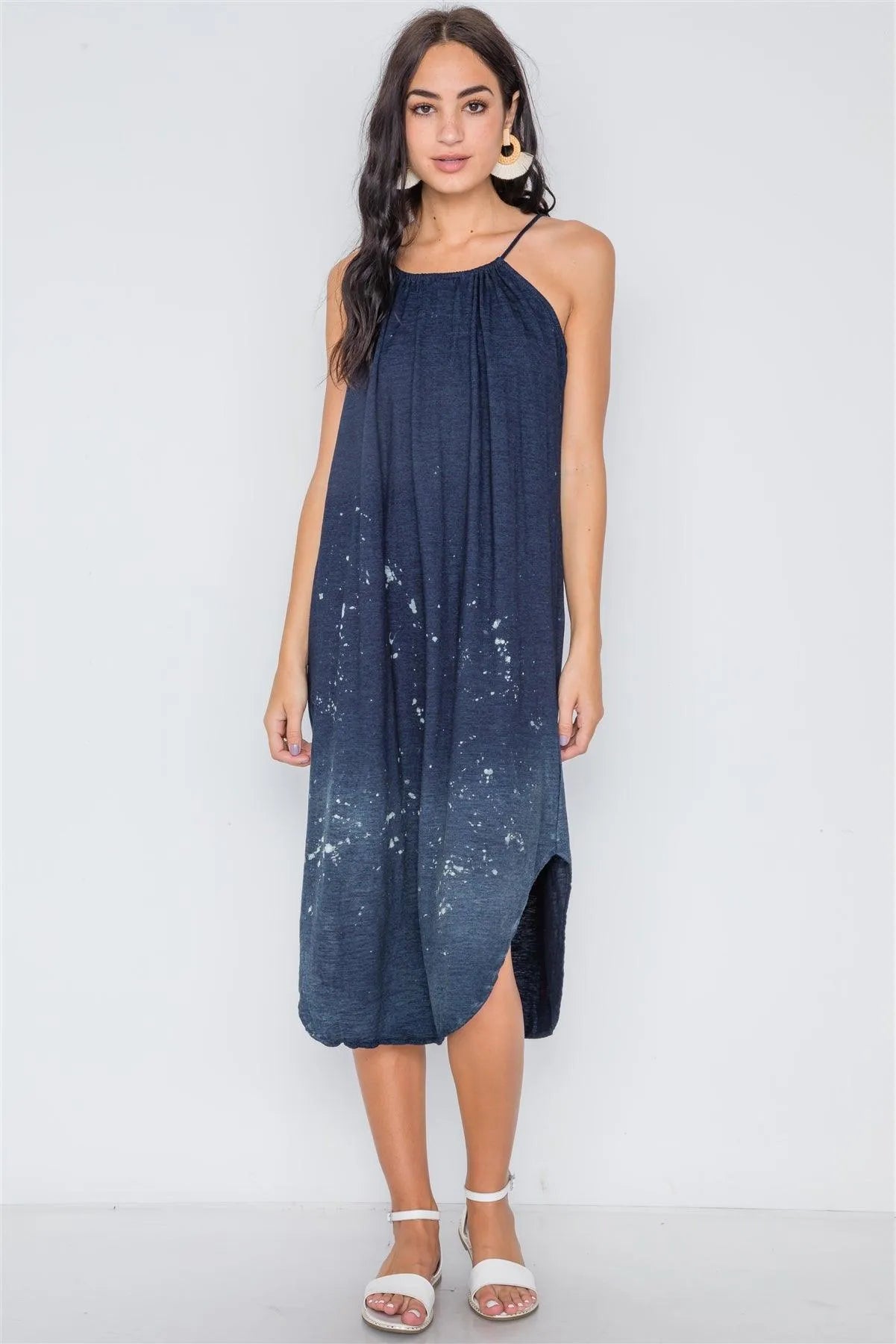 Navy Bleach Dye Loose Fit Cani Midi Dress /1-2-2