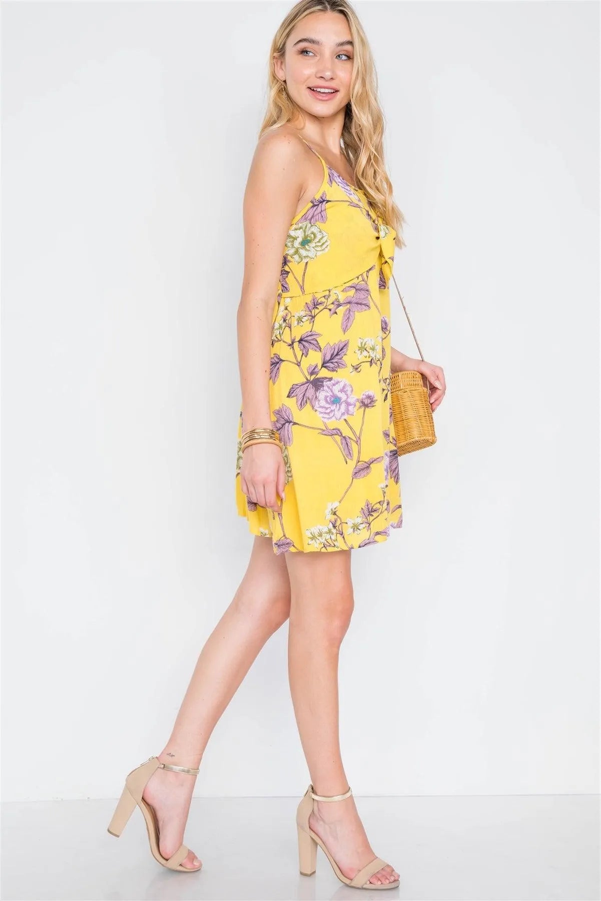 Yellow Floral Print Front-Tie Cami Mini Dress /2-2-2 - Tasha Apparel Wholesale