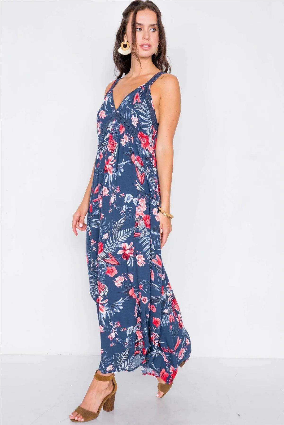 Navy Crochet Floral V-Neck Maxi Dress /2-2-2 - Tasha Apparel Wholesale