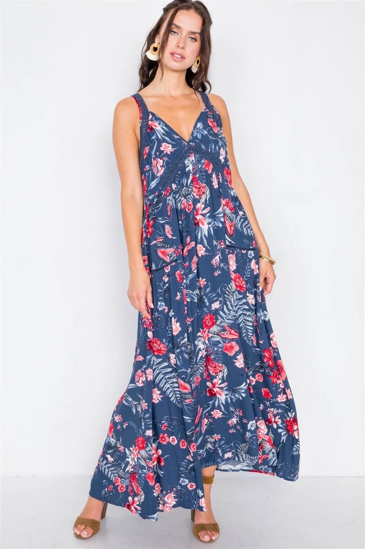 Navy Crochet Floral V-Neck Maxi Dress / 2-2-3 - Tasha Apparel Wholesale