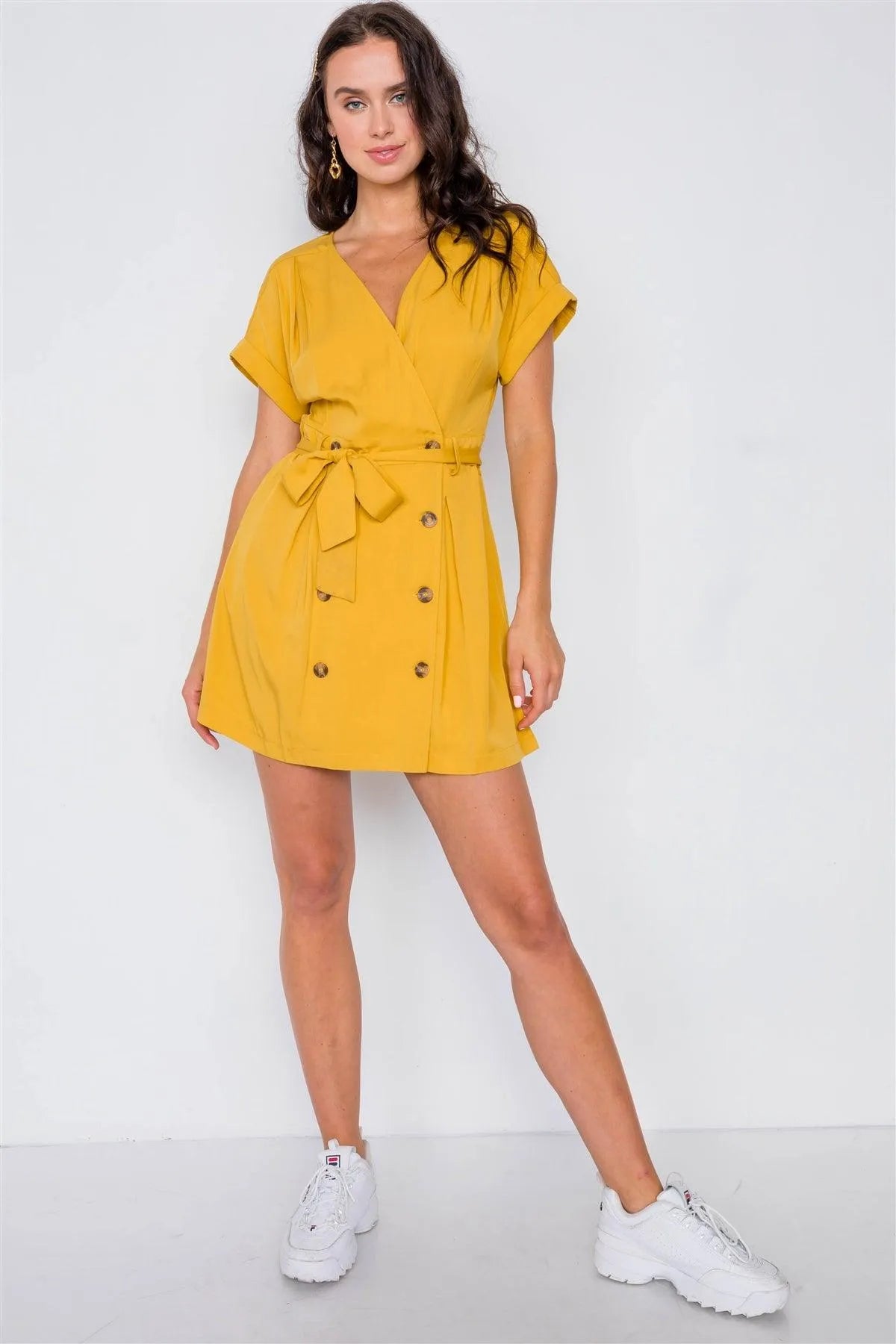 Mustard Double Breasted Short Sleeve Mini Dress / 2-2-2 - Tasha Apparel Wholesale