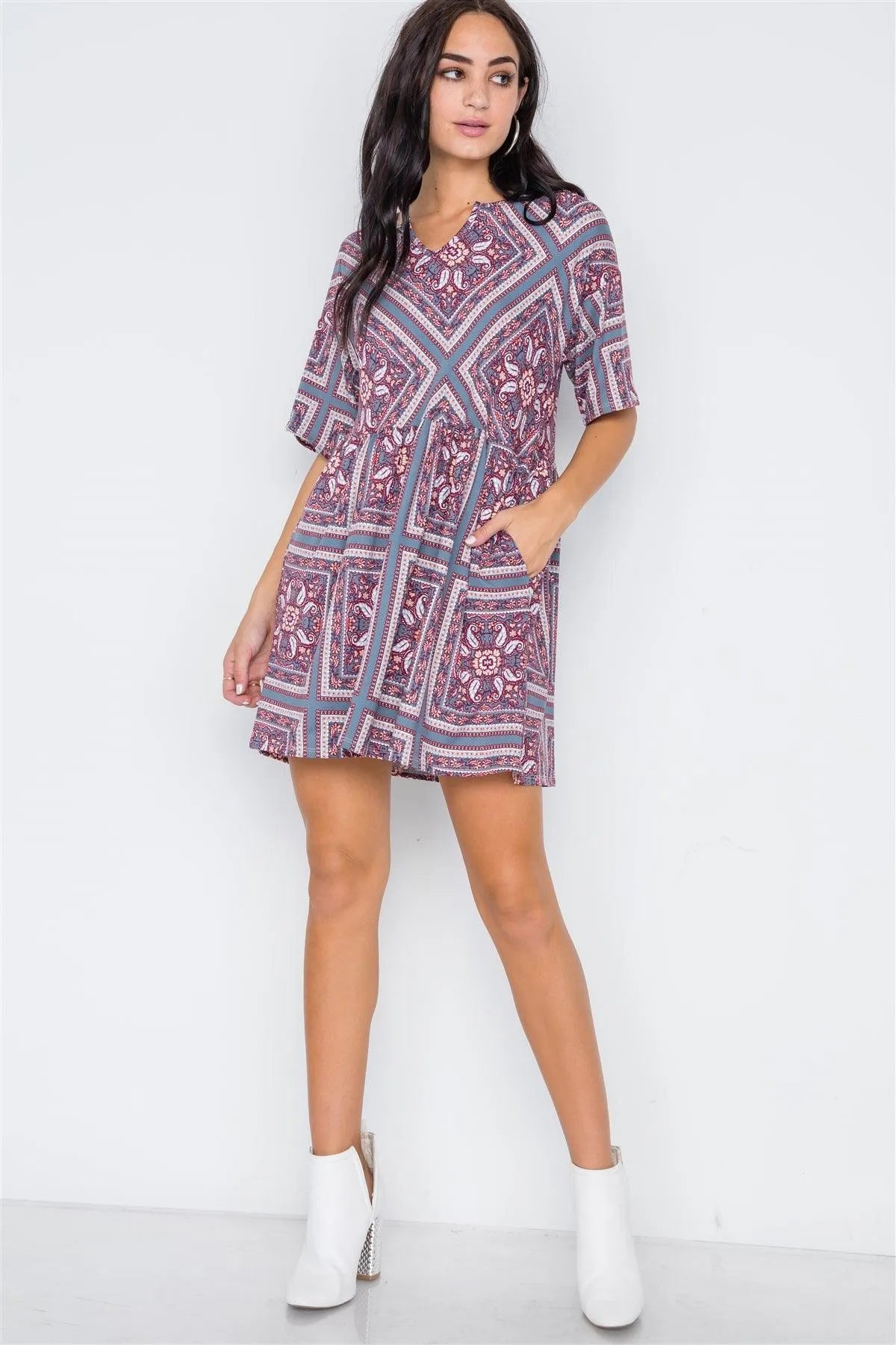 Chambray Brush Paisley Print Short Sleeve Mini Dress - Tasha Apparel Wholesale