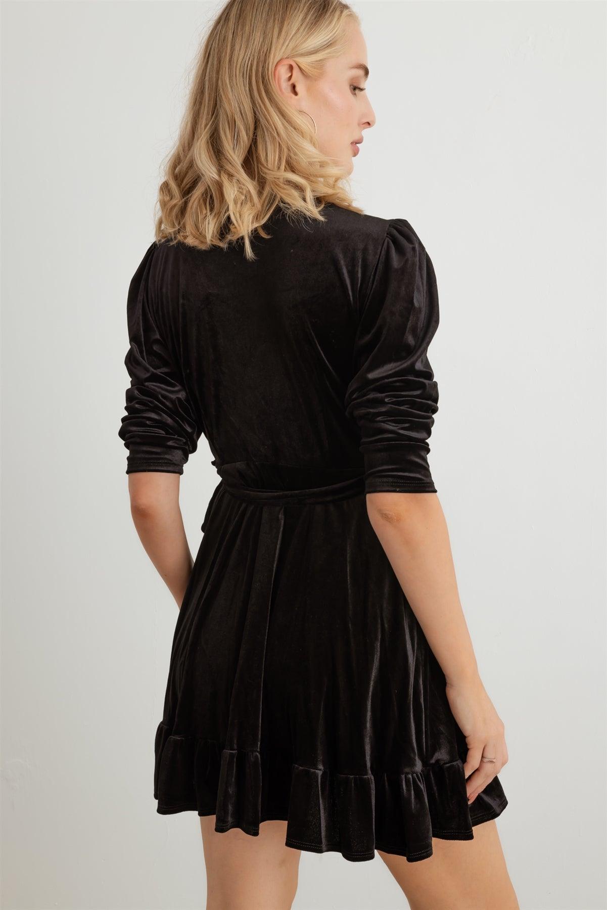Black Velvet Midi Sleeve Wrap Tie Mini Dress /2-2-2