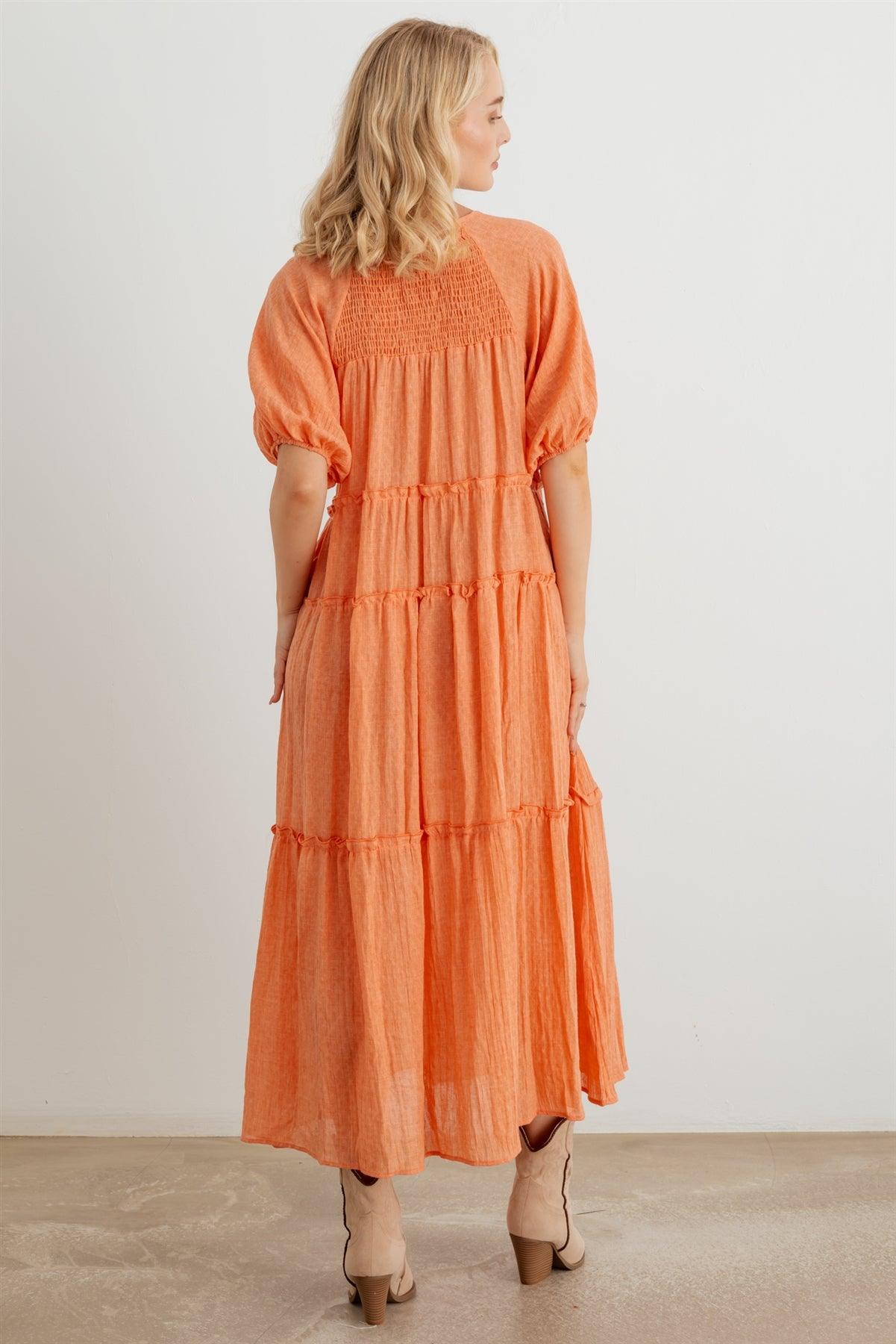 Tangerine Cotton Puff Short Sleeve Tie Neck Midi Dress /1-2-3