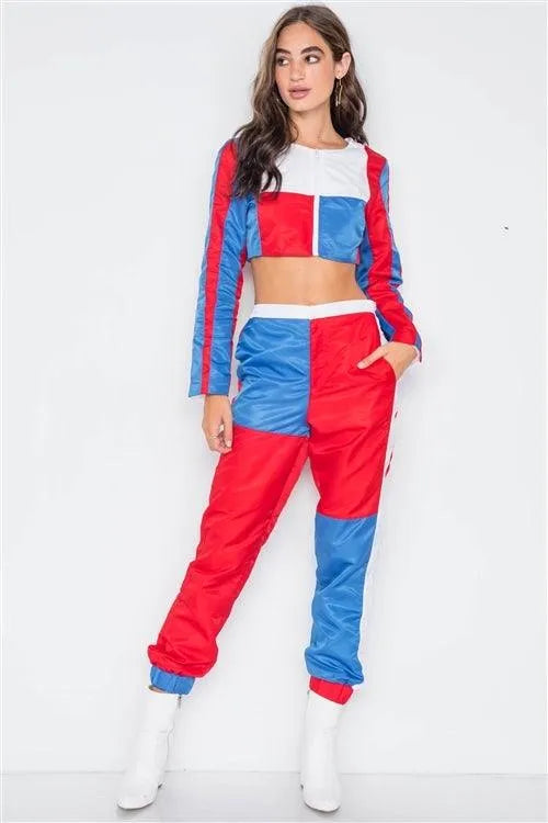 Red Blue Colorblock Tracksuit Windbreaker Cropped Jacket 2 Piece Set /2-2-2 - Tasha Apparel Wholesale