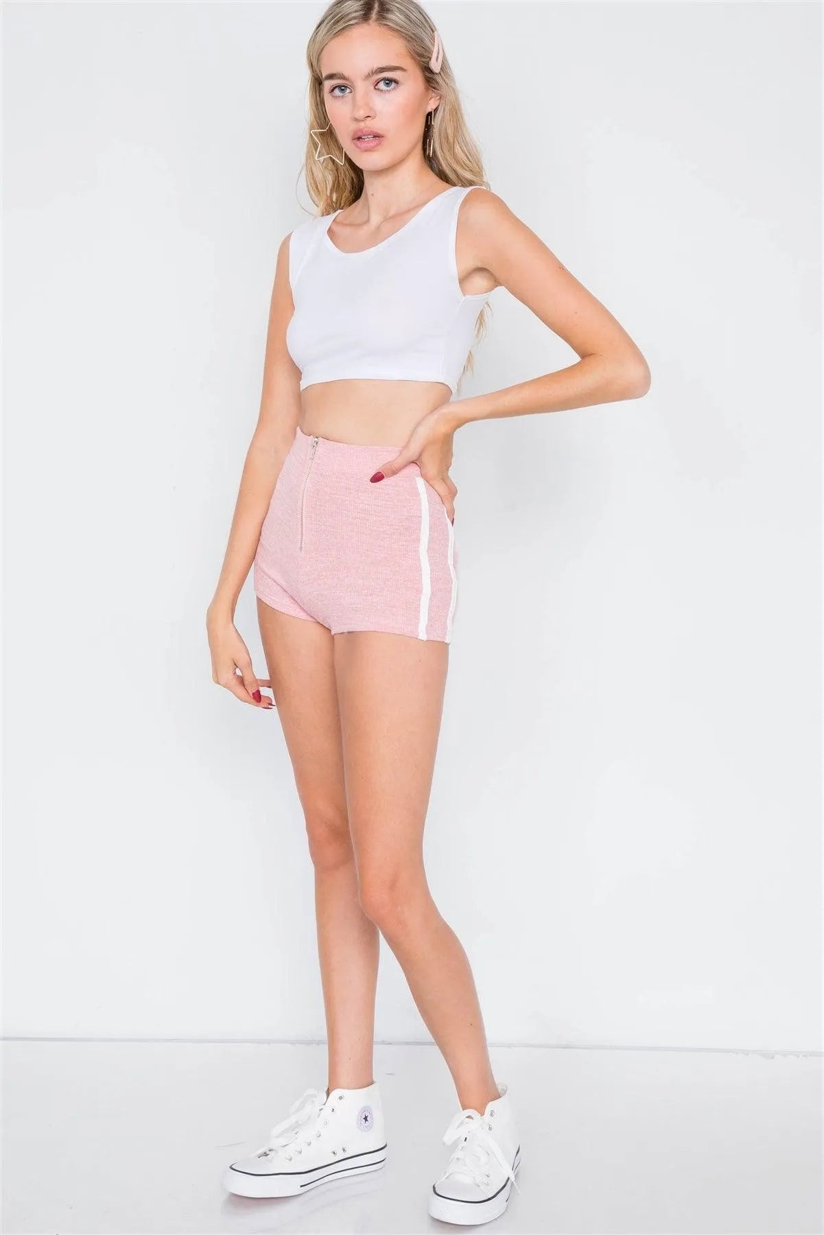 Pink & White Color Block Zipper Short Shorts /3-2-1 - Tasha Apparel Wholesale