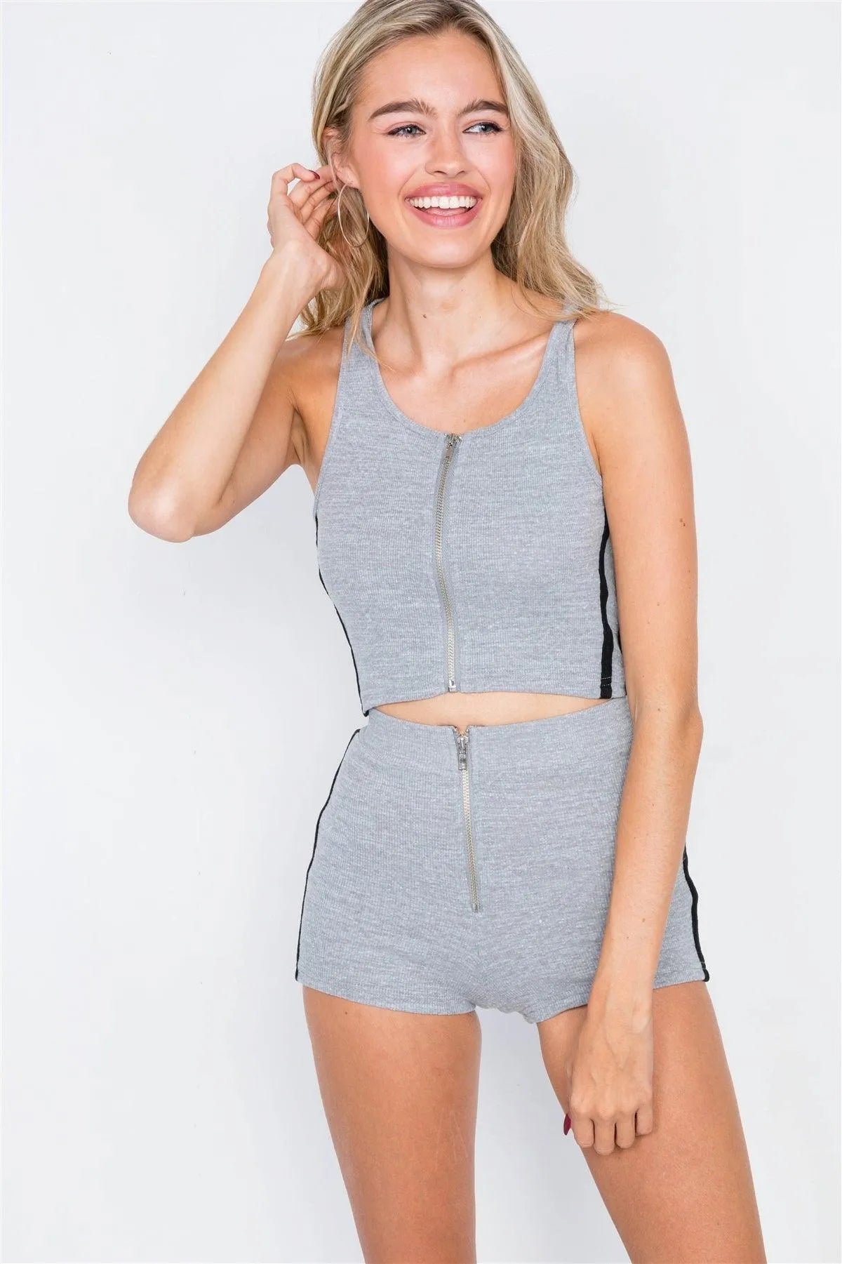 Grey & Black Color Block Athletic Crop Top & Mini Shorts Set /3-2-1 - Tasha Apparel Wholesale