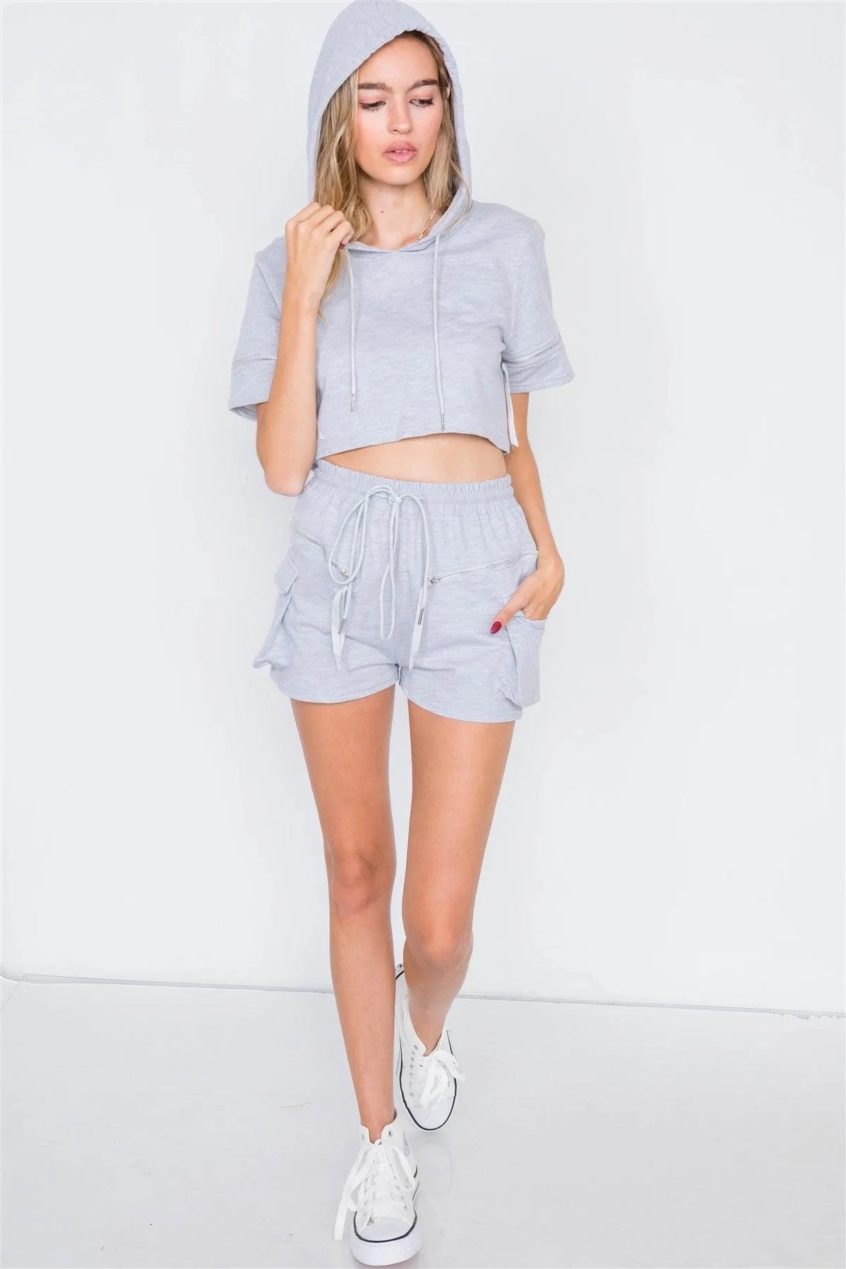 Grey Comfy Zipper Hoodie Cop Top & Short Shorts Set /2-2-2 - Tasha Apparel Wholesale