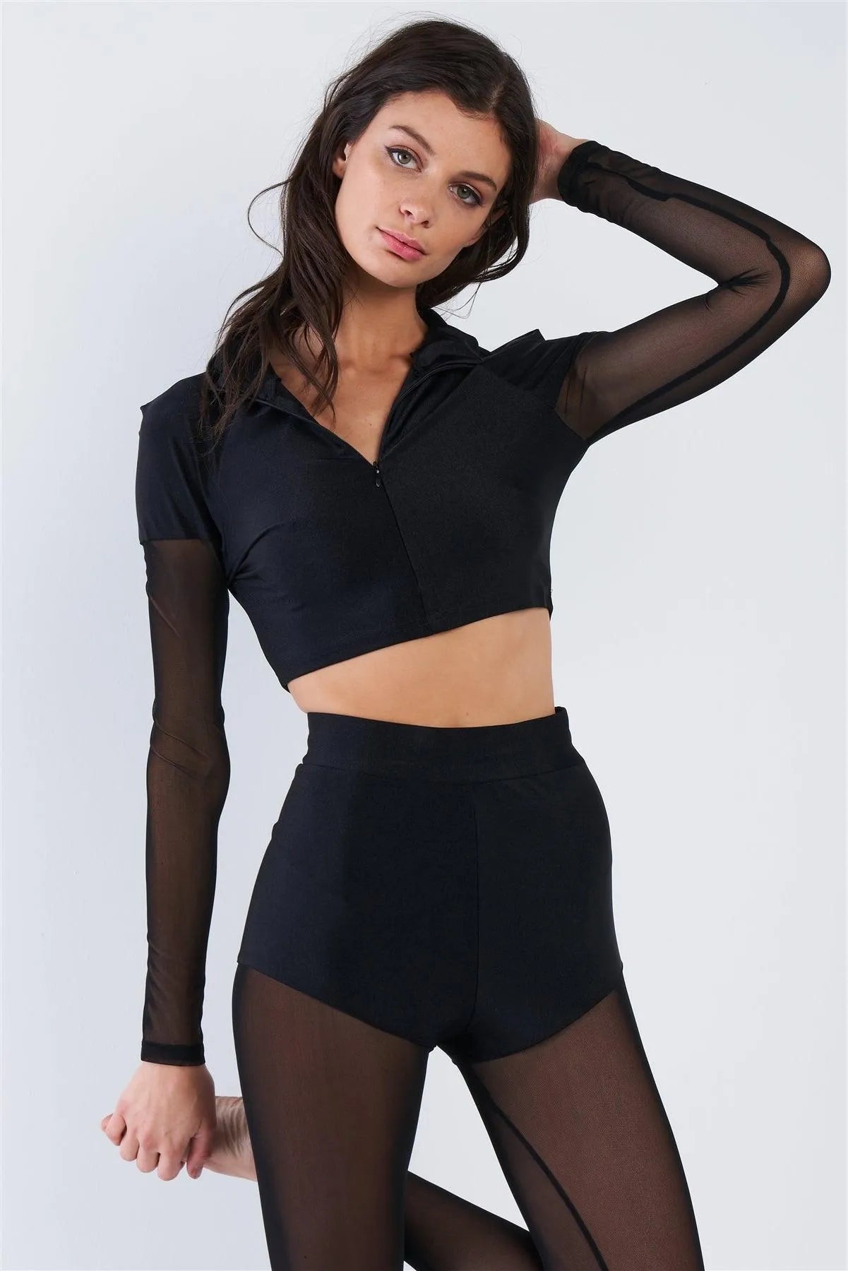 Black Sheer Color Block Mock Neck Top & Ankle Legging Set /2-2-2 - Tasha Apparel Wholesale