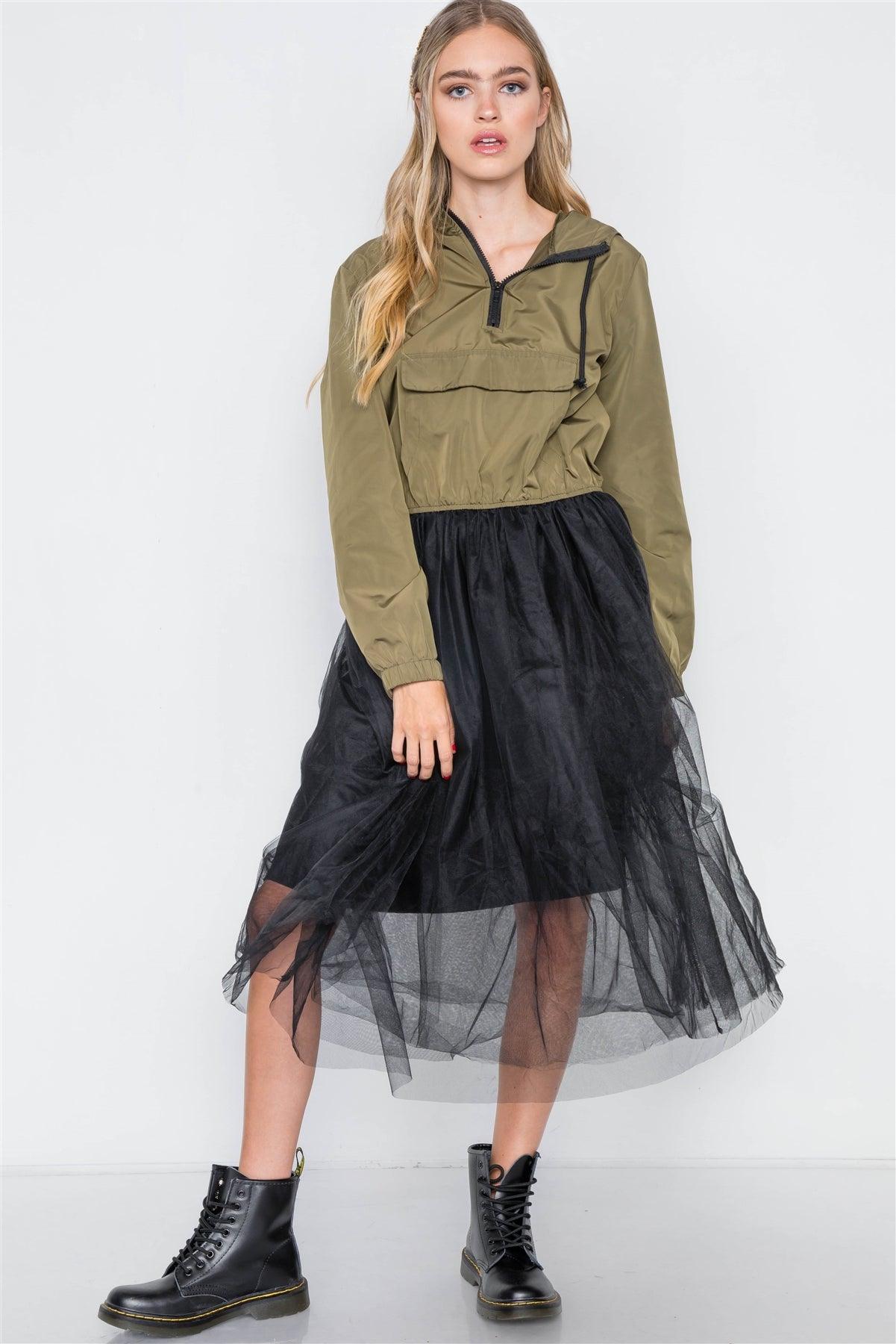 Olive Black Combo Tulle Midi Jacket Dress