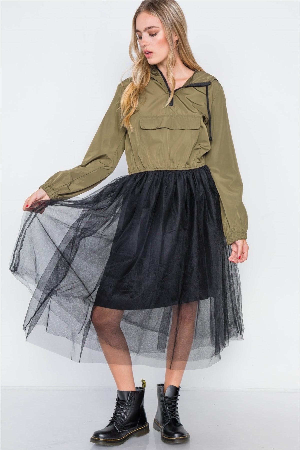 Olive Black Combo Tulle Midi Jacket Dress