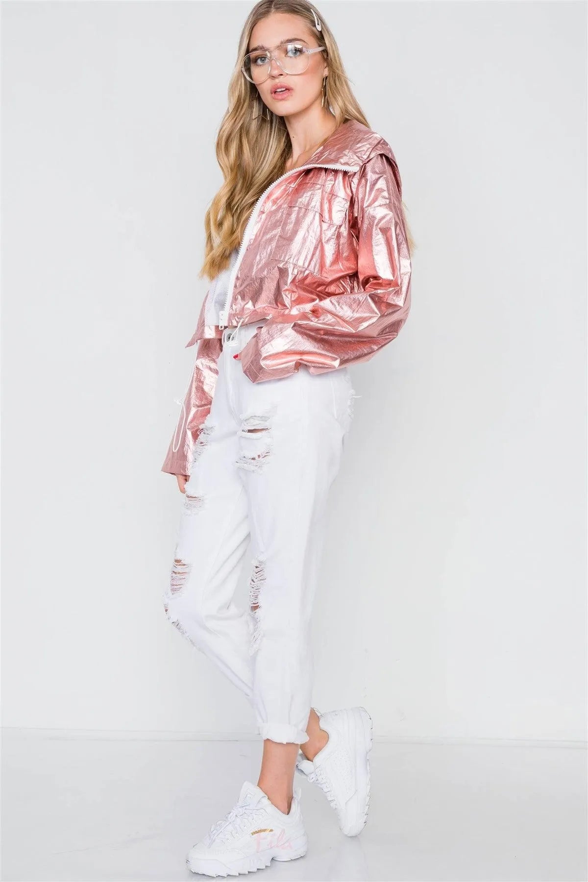 Rose Gold Cropped Lightweight Metallic Jacket / 2-2-2 - Tasha Apparel Wholesale
