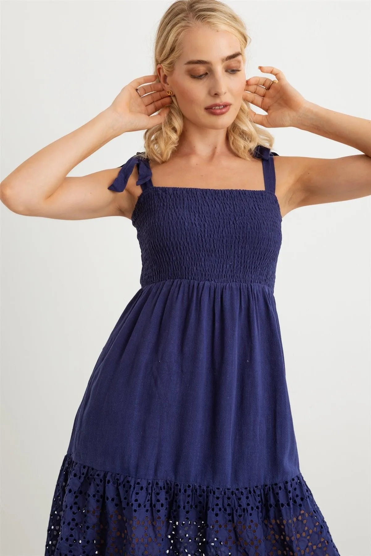 Tie Strap Lace Hem Eyelet Midi Dress - Tasha Apparel Wholesale