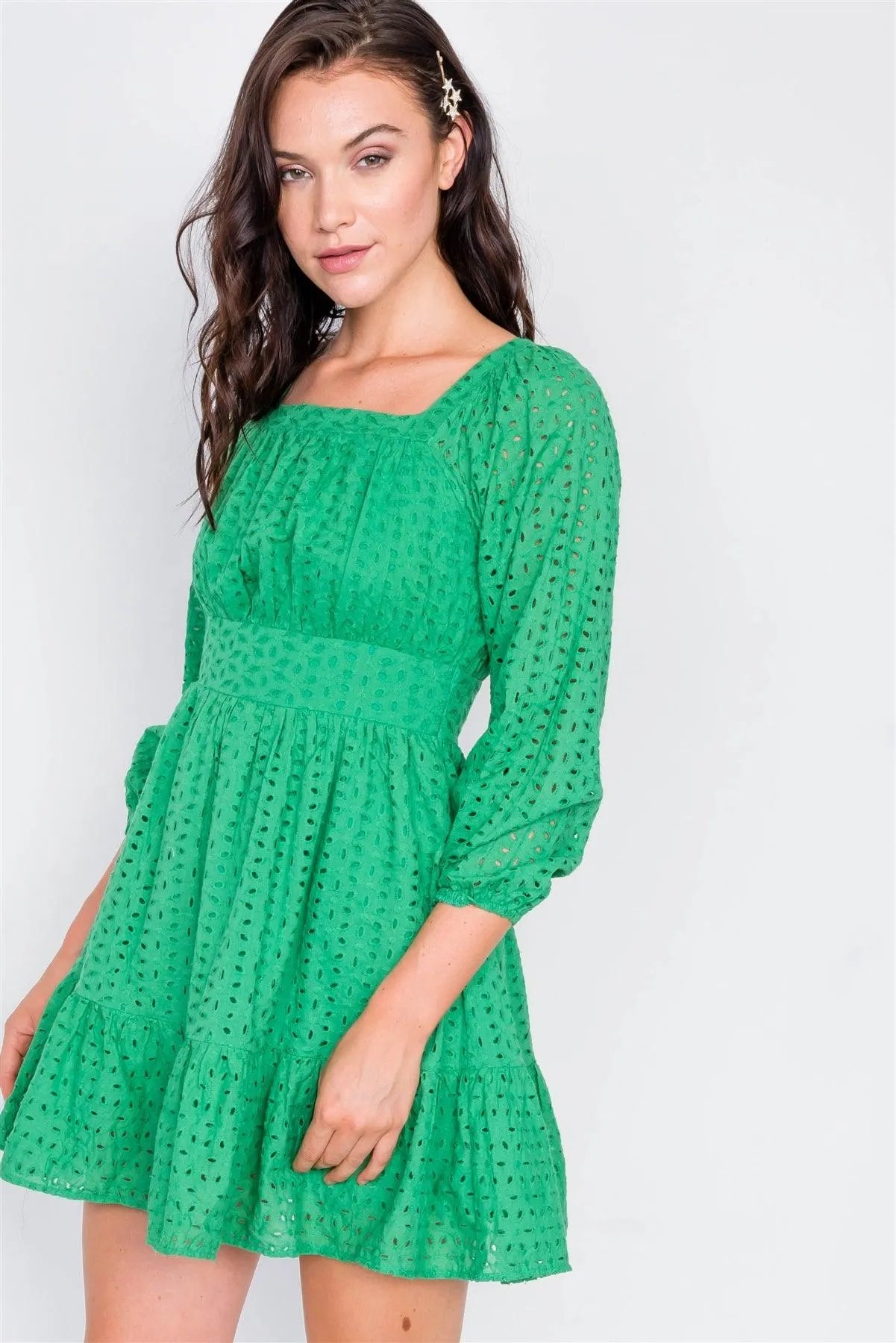 Kelly Green Lace Floral Eyelet Mini Midi Frill Dress / 2-2-2 Kelly Green Lace Floral Eyelet Mini Midi Frill Dress / 2-2-2