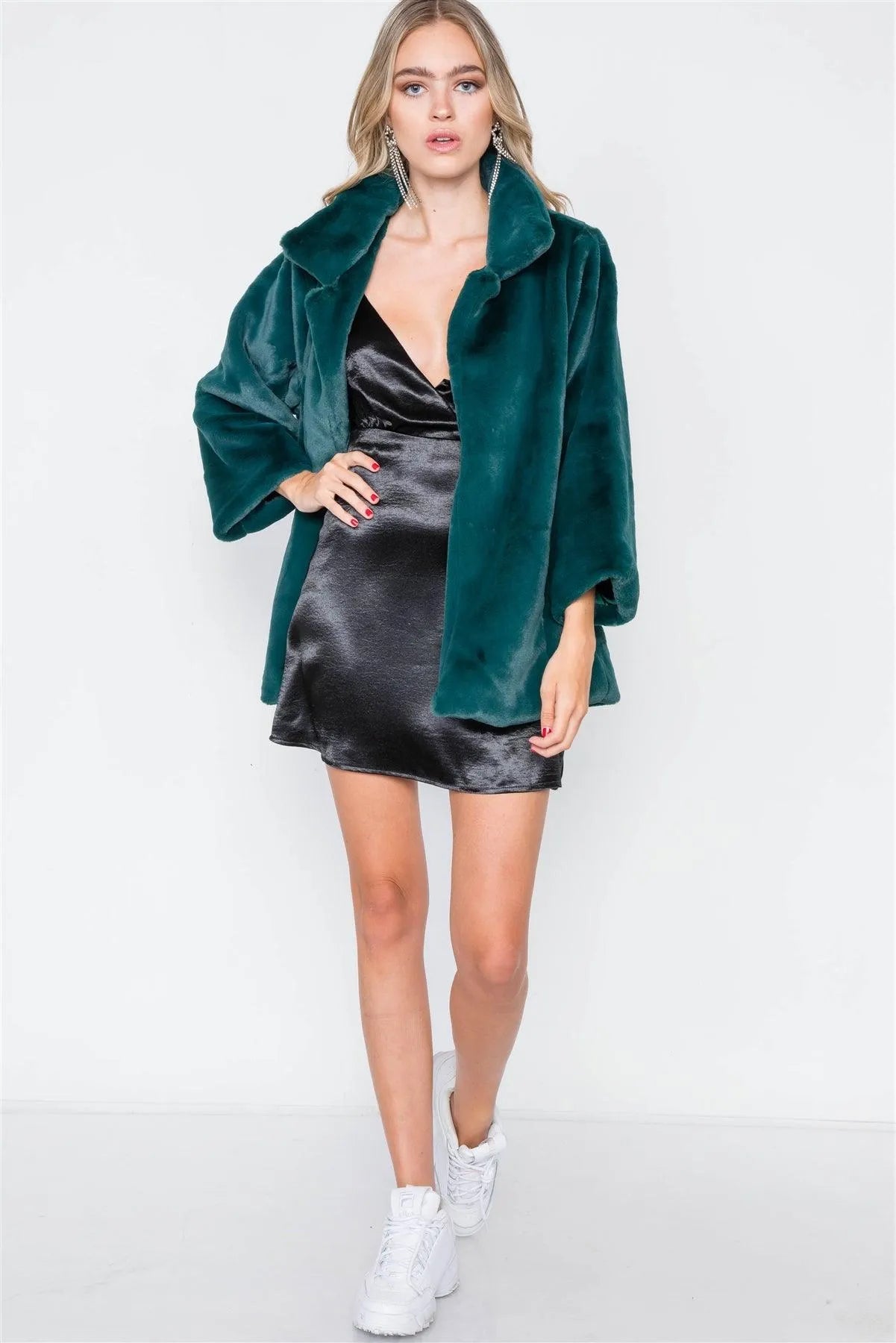 Kelly Green Faux Fur Open Front Long Sleeve Coat /2-2-2 - Tasha Apparel Wholesale
