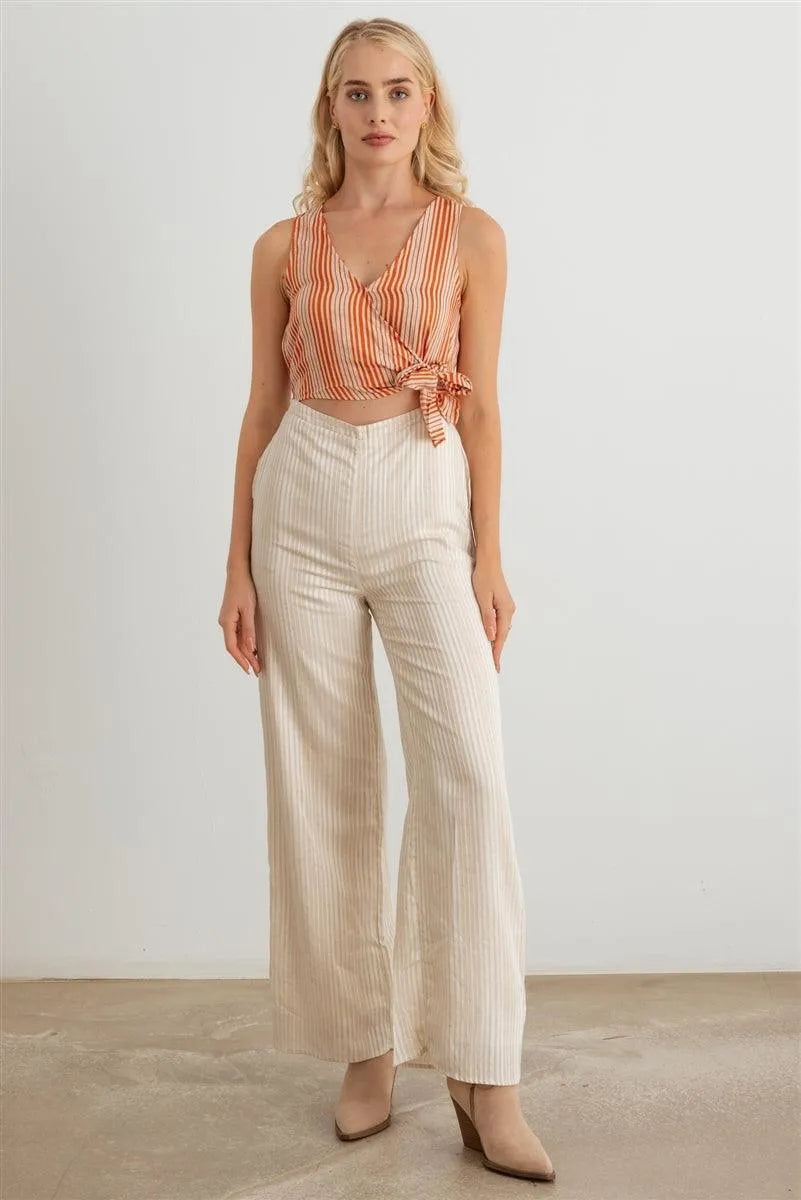 Dusty Coral Striped Wrap Tie Neck Sleeveless Two Pocket Jumpsuit - Tasha Apparel Wholesale