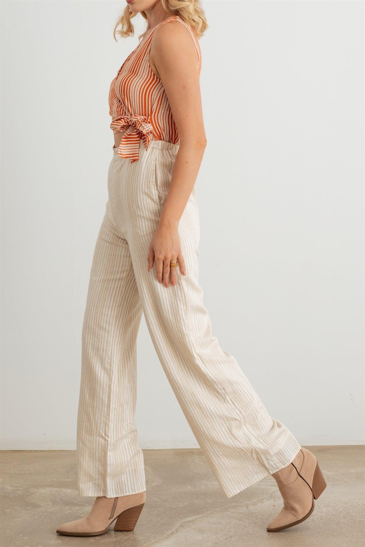 Terracotta Striped Wrap Tie Neck Sleeveless Cut-Out Front Two Pocket Jumpsuit /1-2-2