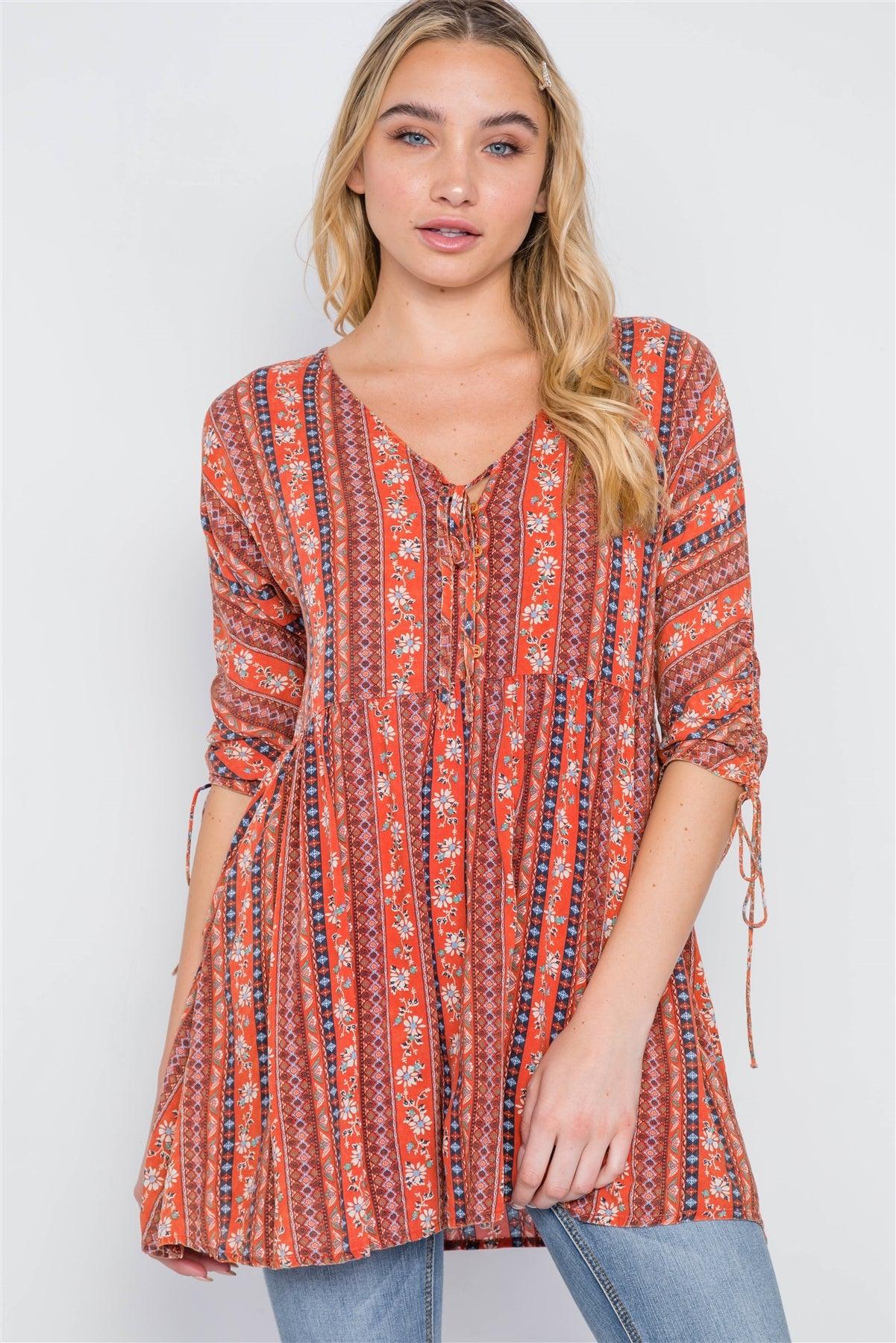 Rust V-Neck 3/4 Sleeve Button-Front Boho Top