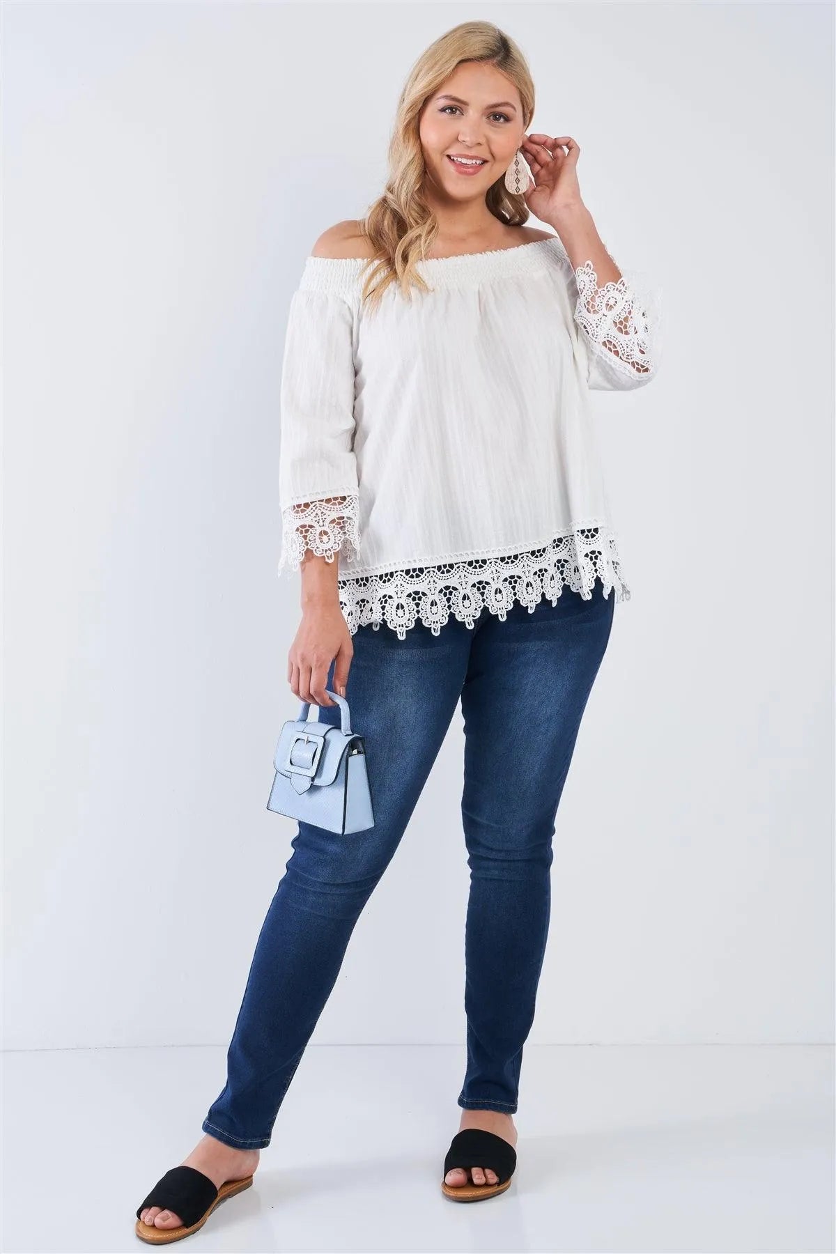 White Cotton Off-The-Shoulder Lace Trim Boho Chic Top - Tasha Apparel Wholesale