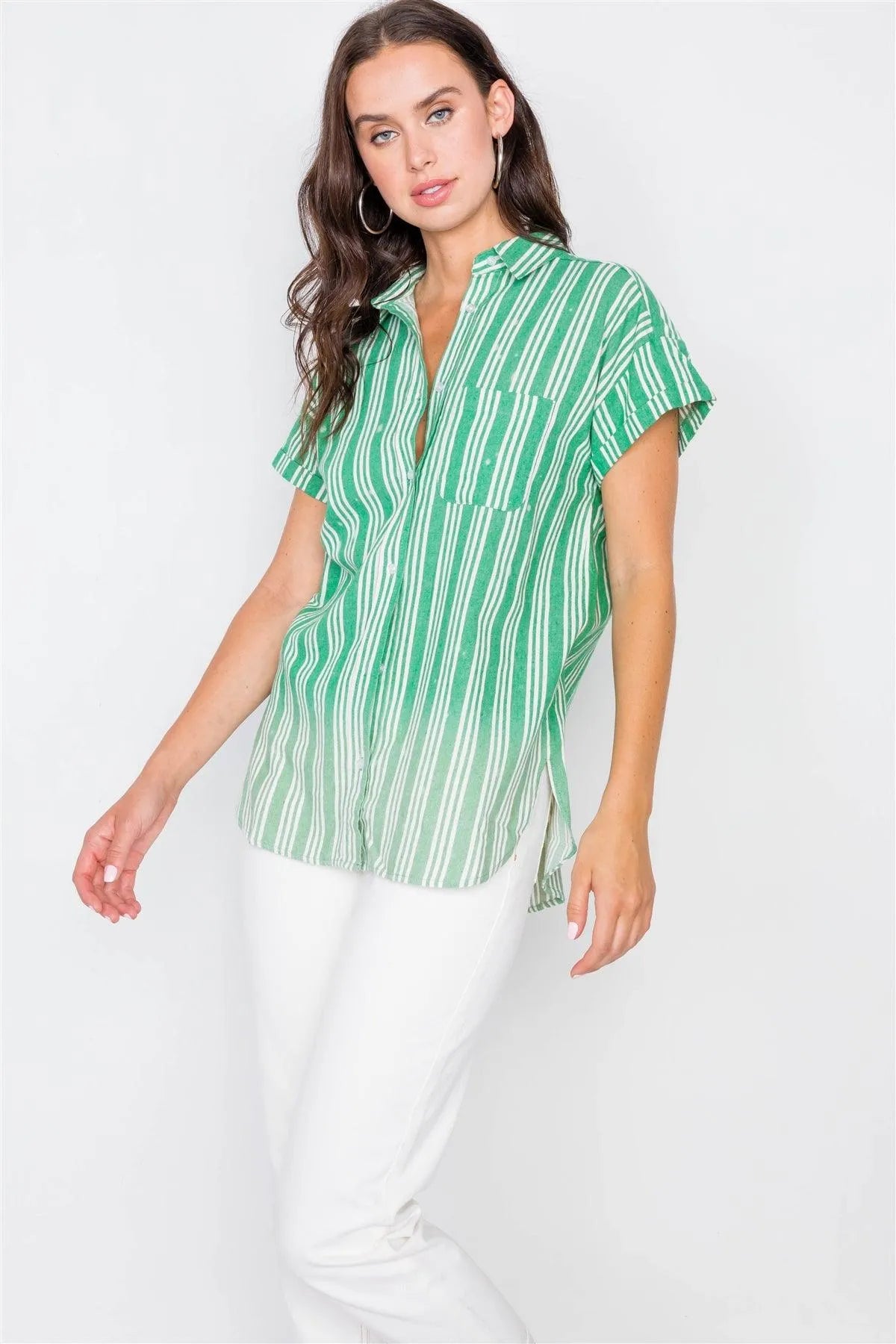 Green Washed Pinstripe Button Down Tie Dye Top/ 1-2-2 - Tasha Apparel Wholesale