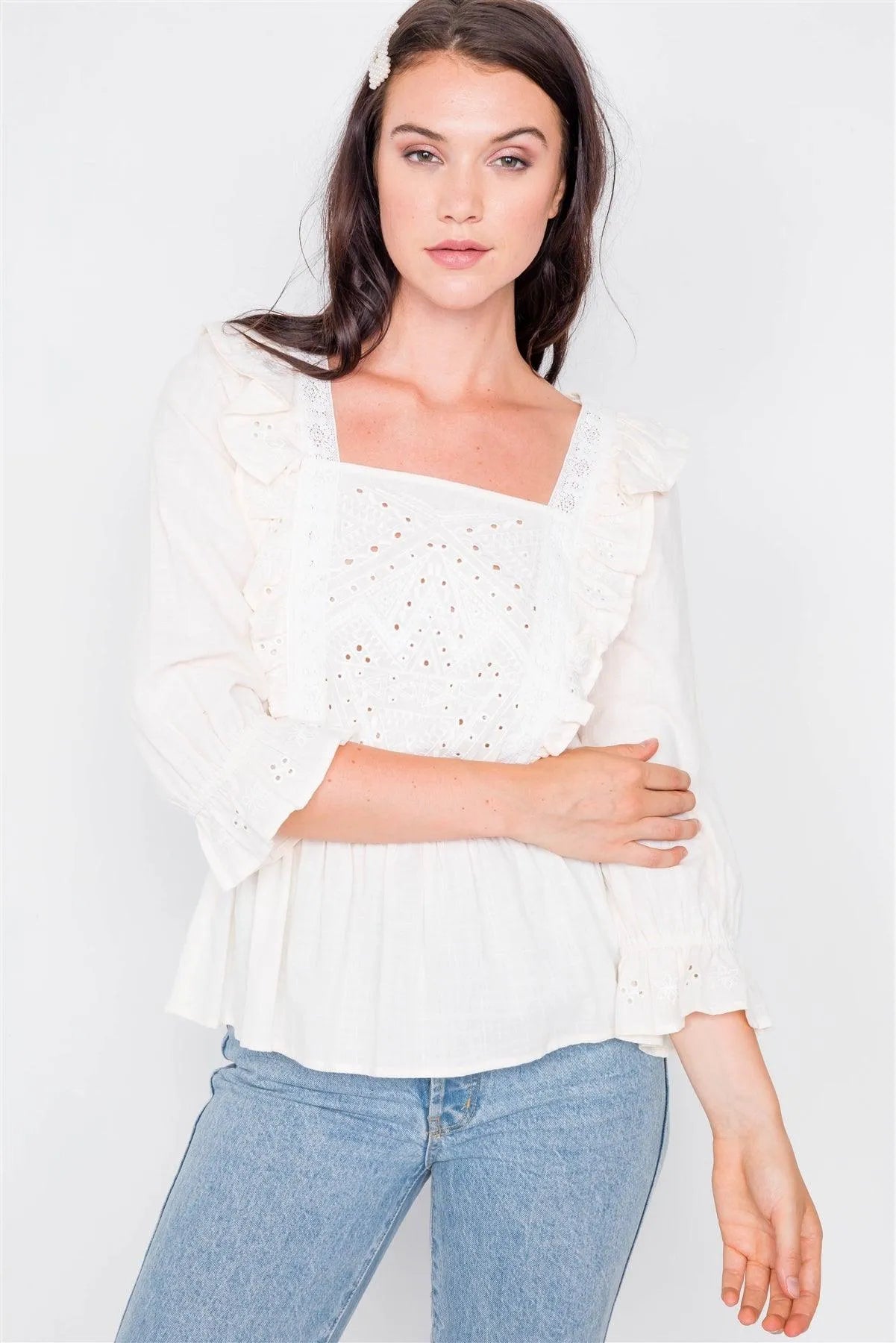 Ivory Aztec Eyelet Flounce Top / 2-2-2 - Tasha Apparel Wholesale